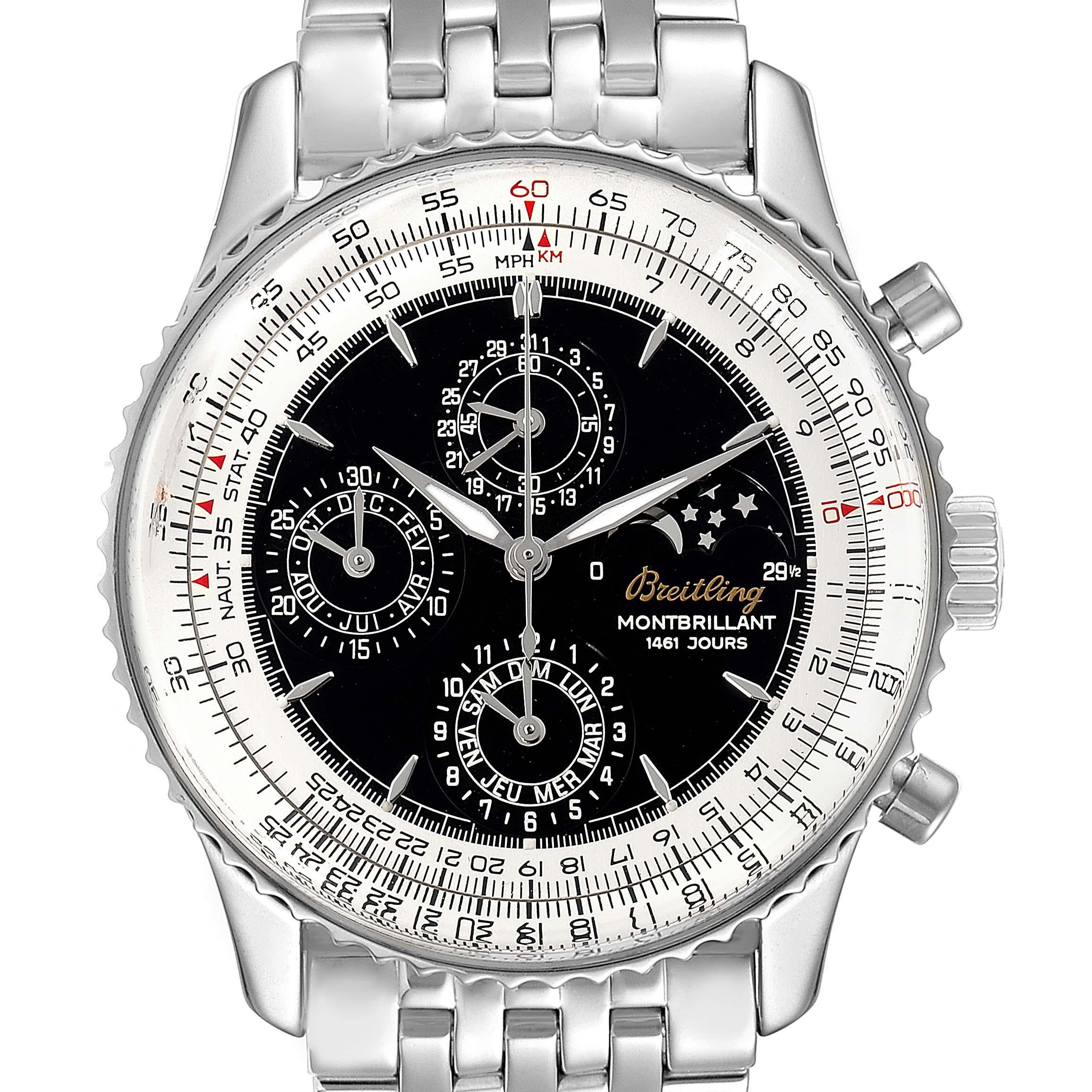 Breitling Navitimer Montbrillant 1461 Jours Moonphase Herrenuhr A19030. Automatisches Chronometerwerk mit automatischem Aufzug, offiziell zertifiziert. Chronographenfunktion und Mondphasenfunktion. 4-Jahres-Kalender. Gehäuse aus Edelstahl mit einem