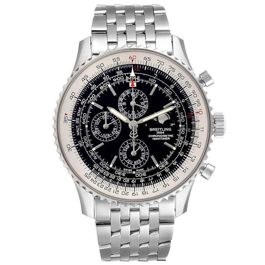 Breitling Navitimer Montbrillant 1461 Jours Moonphase Mens Watch A19380. Automatic self-winding officially certified chronometer movement. Chronograph function and moonphase function. 4 Year Calendar. Stainless steel case 48 mm in diameter.