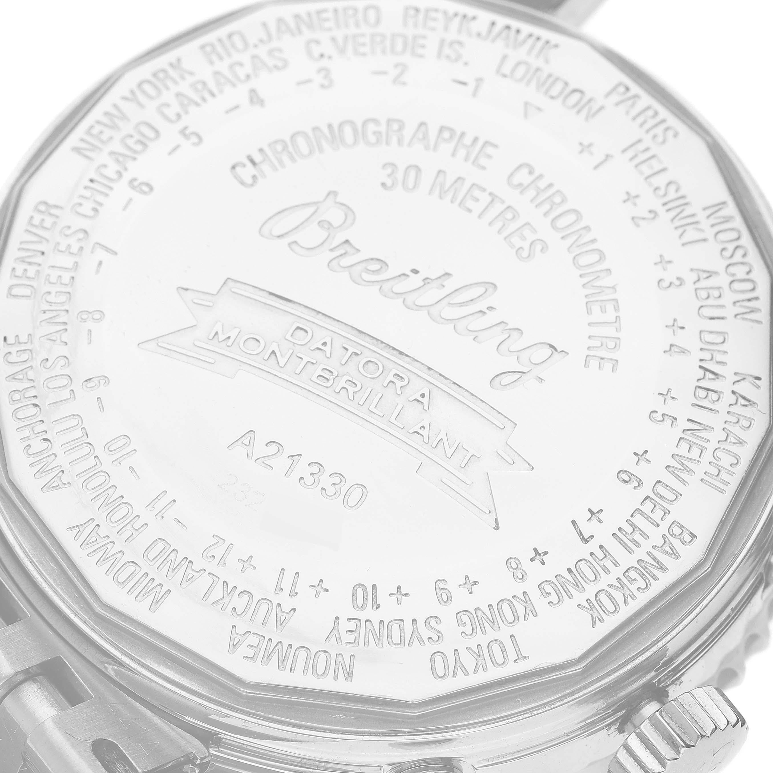 Breitling Navitimer Montbrillant Datora Steel Mens Watch A21330 Box Papers. Automatic self-winding officially certified chronometer movement. Chronograph function. Stainless steel case 43.0 mm in diameter.  Stainless steel screwed-down crown and