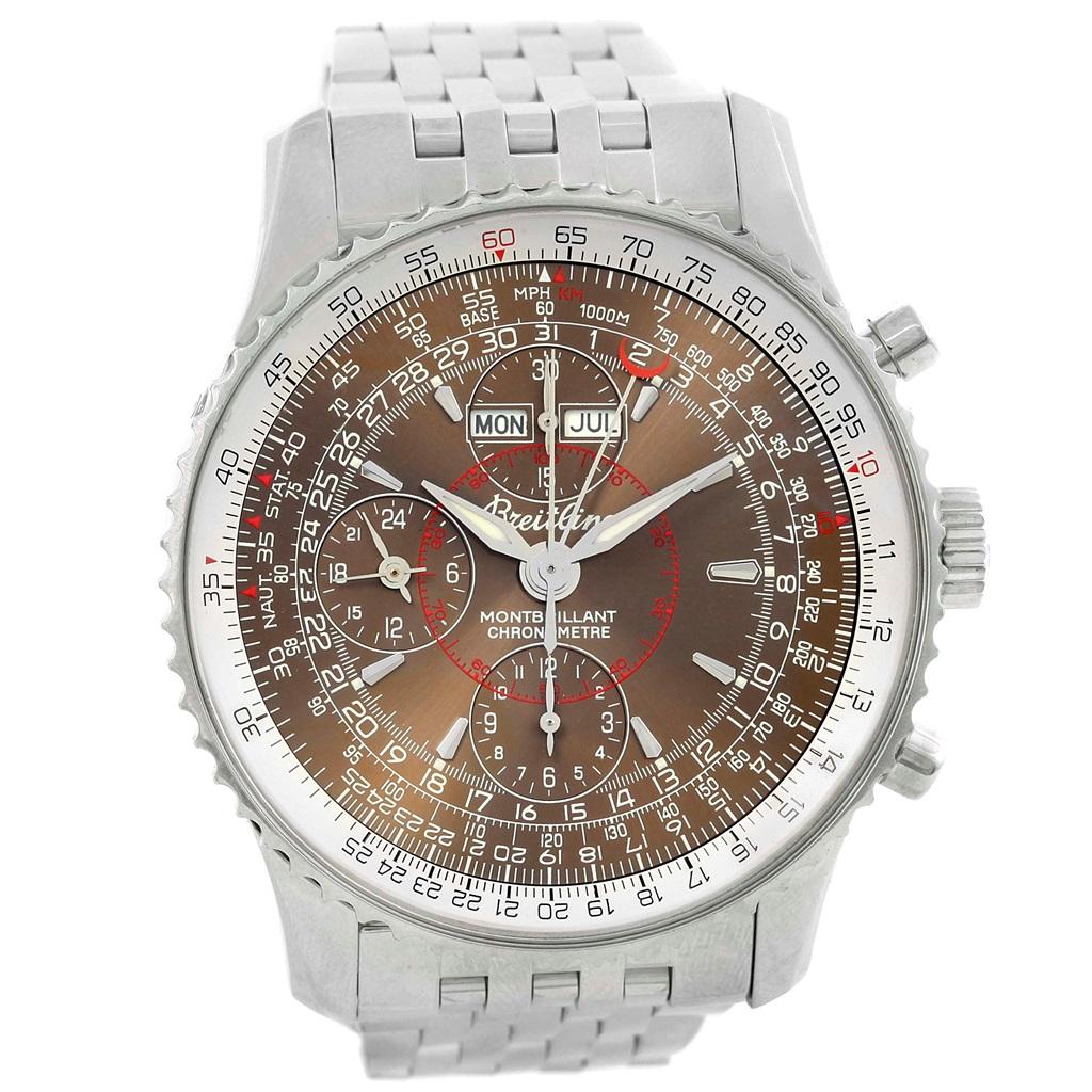 Breitling Navitimer Montbrillant Datora Steel Mens Watch A21330. Self-winding automatic officially certified chronometer movement. Chronograph function. Stainless steel case 43.0 mm in diameter. Stainless steel screwed-down crown and pushers. Screw