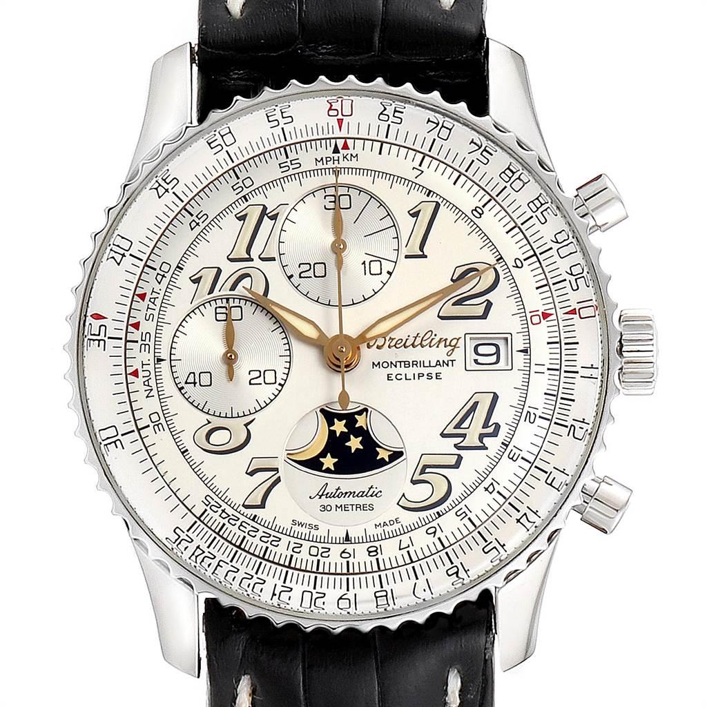 Breitling Navitimer Montbrillant Eclipse Moonphase Mens Watch A43030. Self-winding automatic officially certified chronometer movement. Chronograph function. Stainless steel case 41.0 mm in diameter. Stainless steel bidirectional rotating reeded