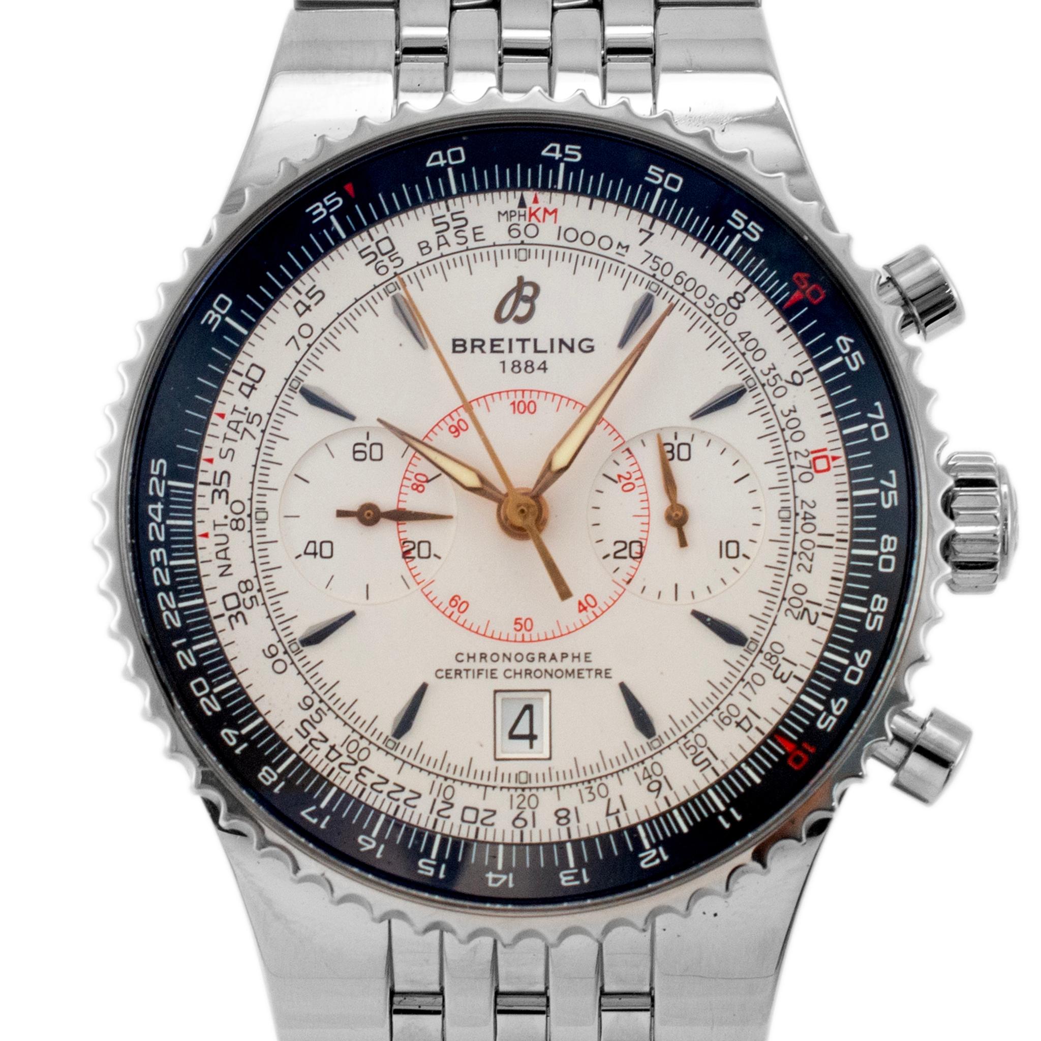 Marke: Breitling

Geschlecht: Männer 

Metalltyp: Rostfreier Stahl

Durchmesser: 47,00 mm 

Gewicht: 223,79 Gramm

Eine Herrenuhr aus rostfreiem Stahl, Schweizer Marke BREITLING. Das Metall wurde getestet und als rostfreier Stahl eingestuft. Die