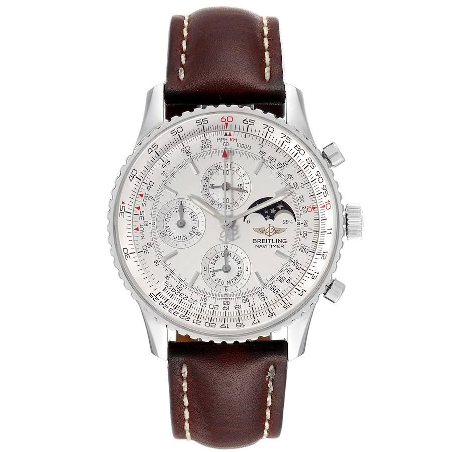 Breitling Navitimer Montbrillant Olympus Moonphase Mens Watch A19340. Automatic self-winding officially certified chronometer movement. Chronograph function and moonphase function. Stainless steel case 43 mm in diameter. Stainless steel crown and