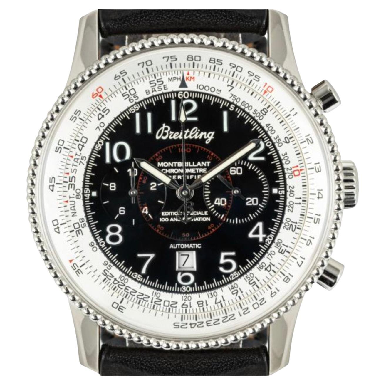 A mens special edition 42mm Navitimer Montbrilliant crafted in stainless steel by Breitling. Features a black centred dial with a silvery white border, a date aperture, two flyback chronograph counters and a fixed stainless steel bezel.

Fitted with