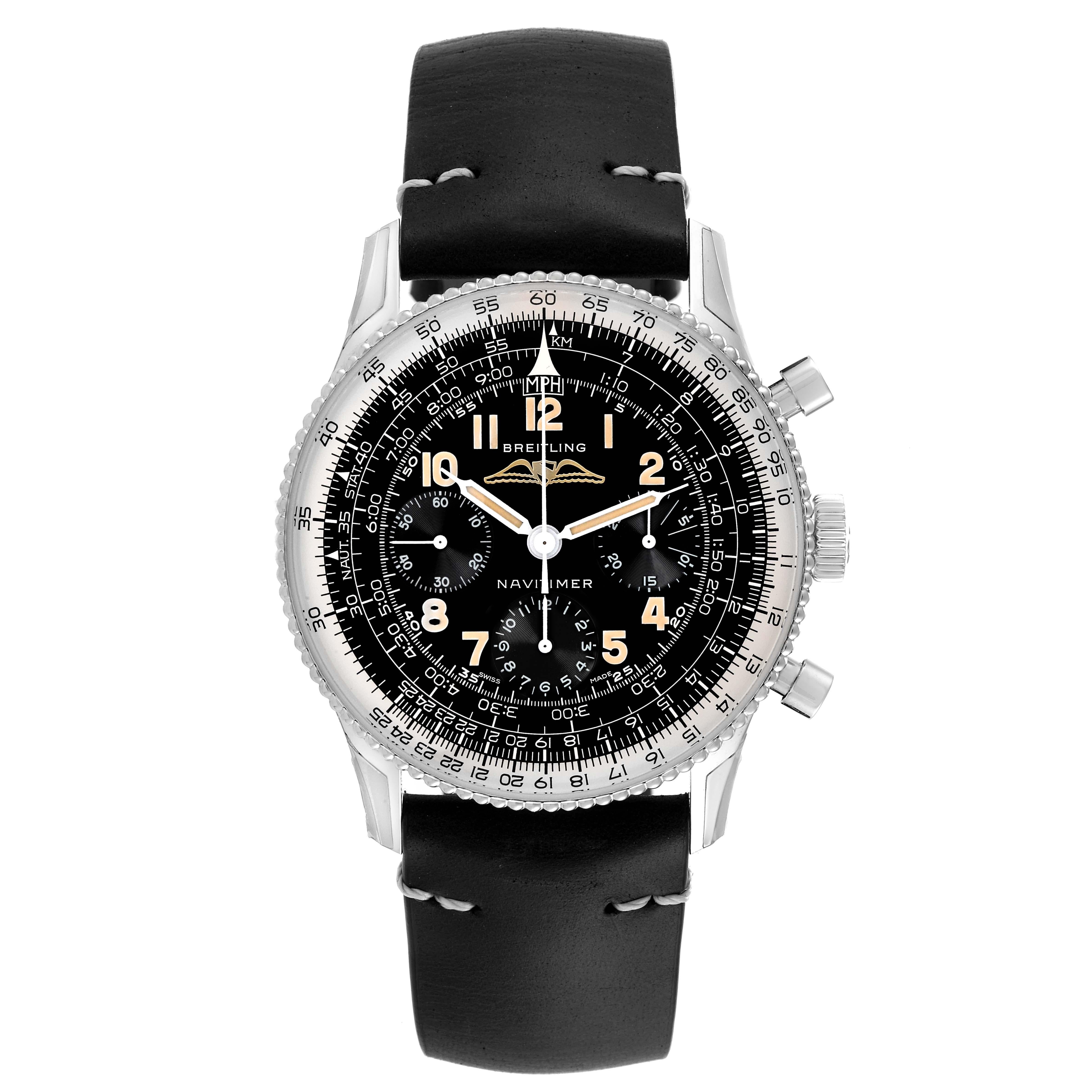 Breitling Navitimer Re-Edition Steel Mens Watch AB0910 Box Card. Mechanical hand-wound movement, Breitling Caliber B09. Stainless steel case 41 mm in diameter. Breitling logo on the crown. Stainless steel bidirectional rotating slide-rule bezel.