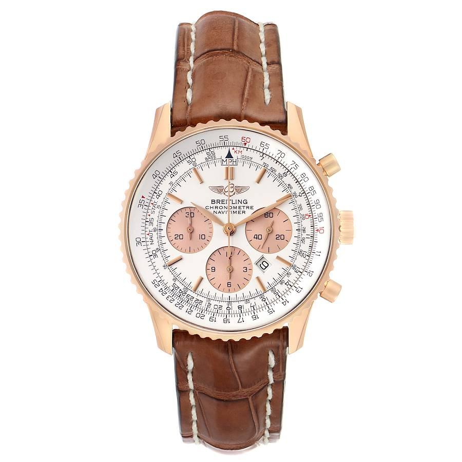 Breitling Navitimer Rose Gold Brown Strap Mens Watch R41380 Box. Self-winding automatic officially certified chronometer movement. Chronograph function. 18K rose gold case 39 mm in diameter. 18k rose gold bidirectional rotating bezel. Scratch