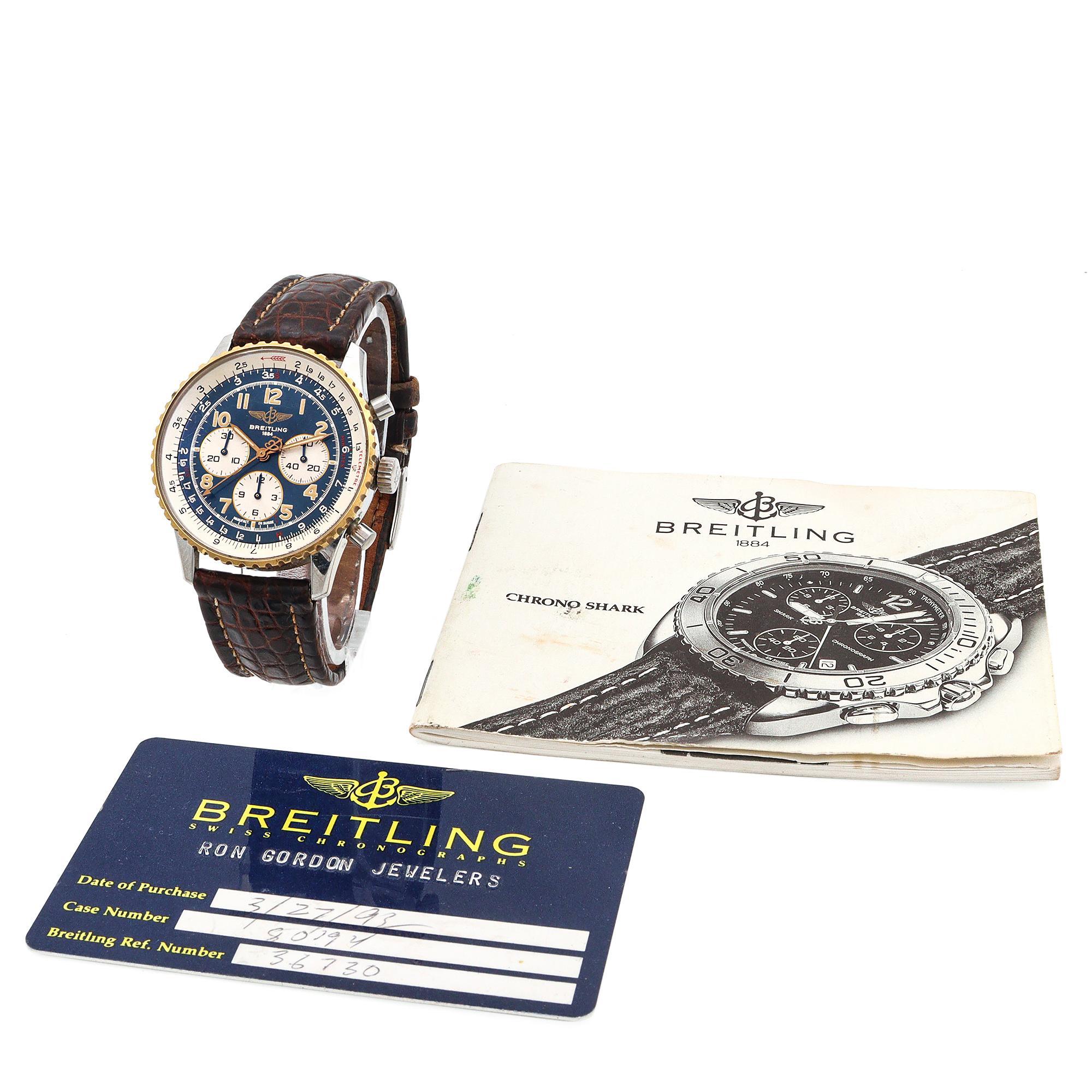 This Breitling Navitimer Chronograph Automatic Men's Watch, reference D30022, is a bold expression of vintage aviation heritage and technical mastery. Housed in a robust stainless steel case with a striking gold fluted bezel, this model exemplifies