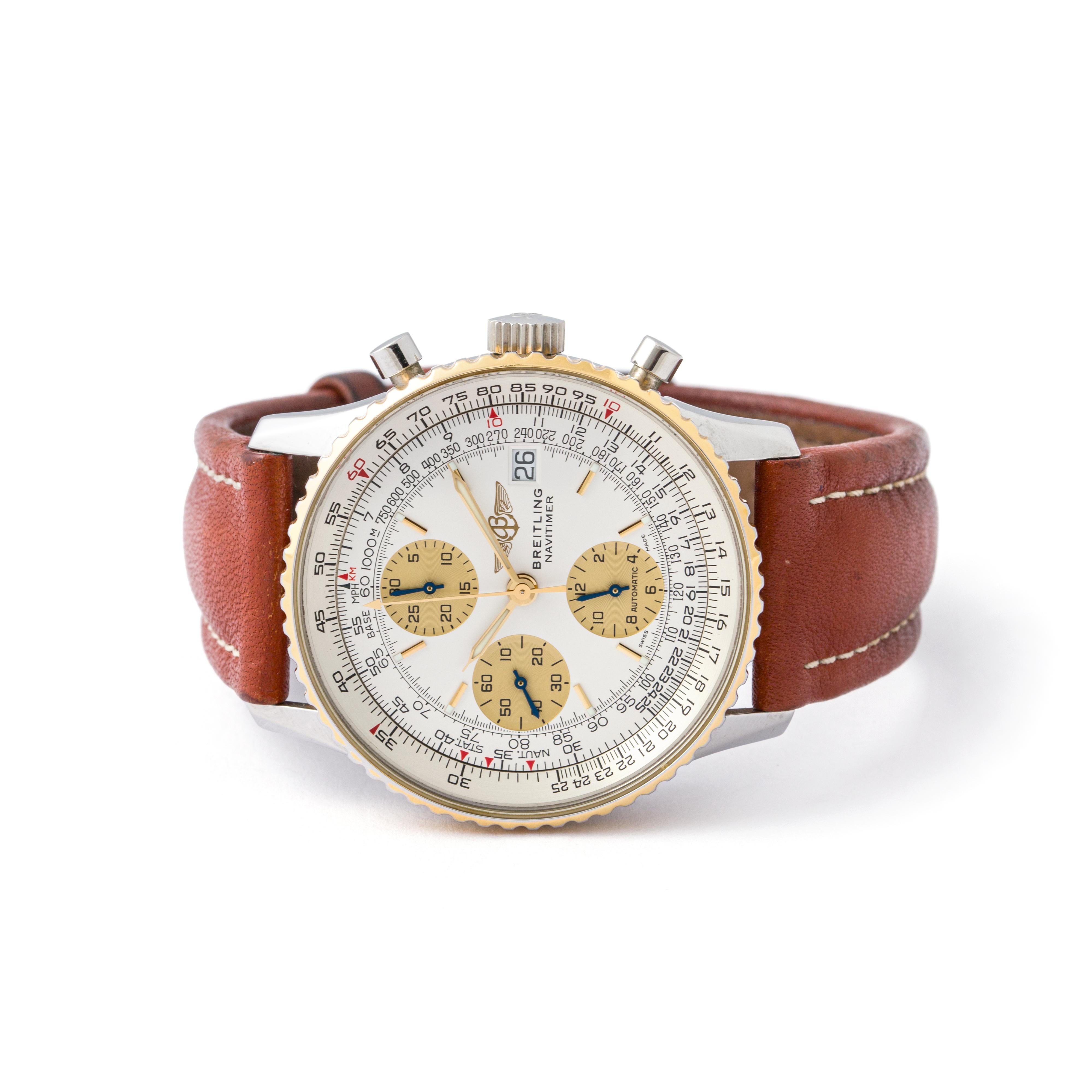 Breitling Navitimer Wristwatch. Ref. 81610. Circa 1990.
Stainless steel and yellow gold automatic chronograph.
Case diameter: 41 mm.
Wrist length: approximately 19.00 centimeters up to 22.20 centimeters.

Total weight: 85.97 grams.
We do not