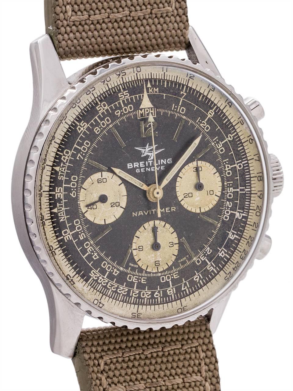 
A pleasing vintage Breitling Navitimer “Twin Jets” logo aviator’s chronograph ref 806 circa 1970’s with original matte black dial with silver gilt printing and original lumes and with some gold toning of the lacquer surface evident. Very nice