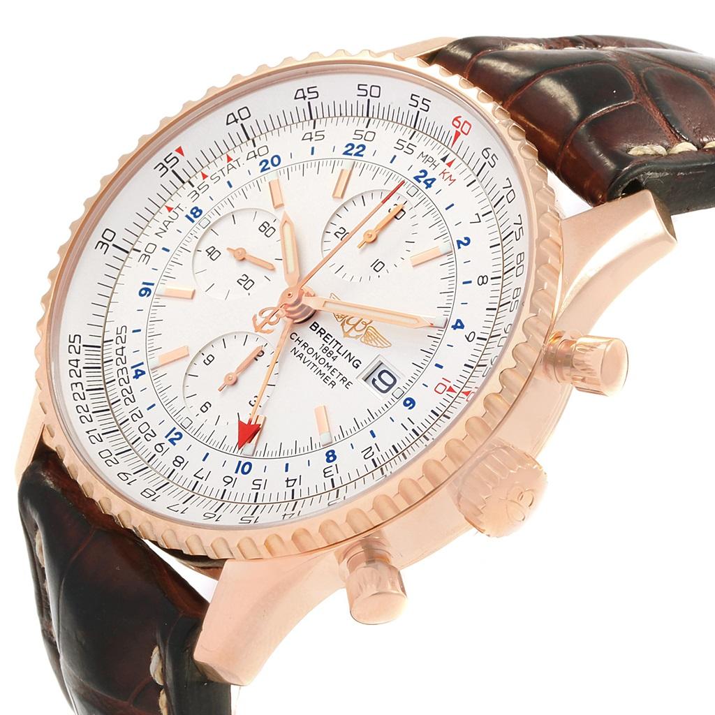 Breitling Navitimer World 18K Rose Gold Silver Dial LE Watch H24322. Self-winding automatic officially certified chronometer movement. Chronograph function. 18K rose gold case 46 mm in diameter. 18K rose gold screwed-down crown and pushers. 18K rose