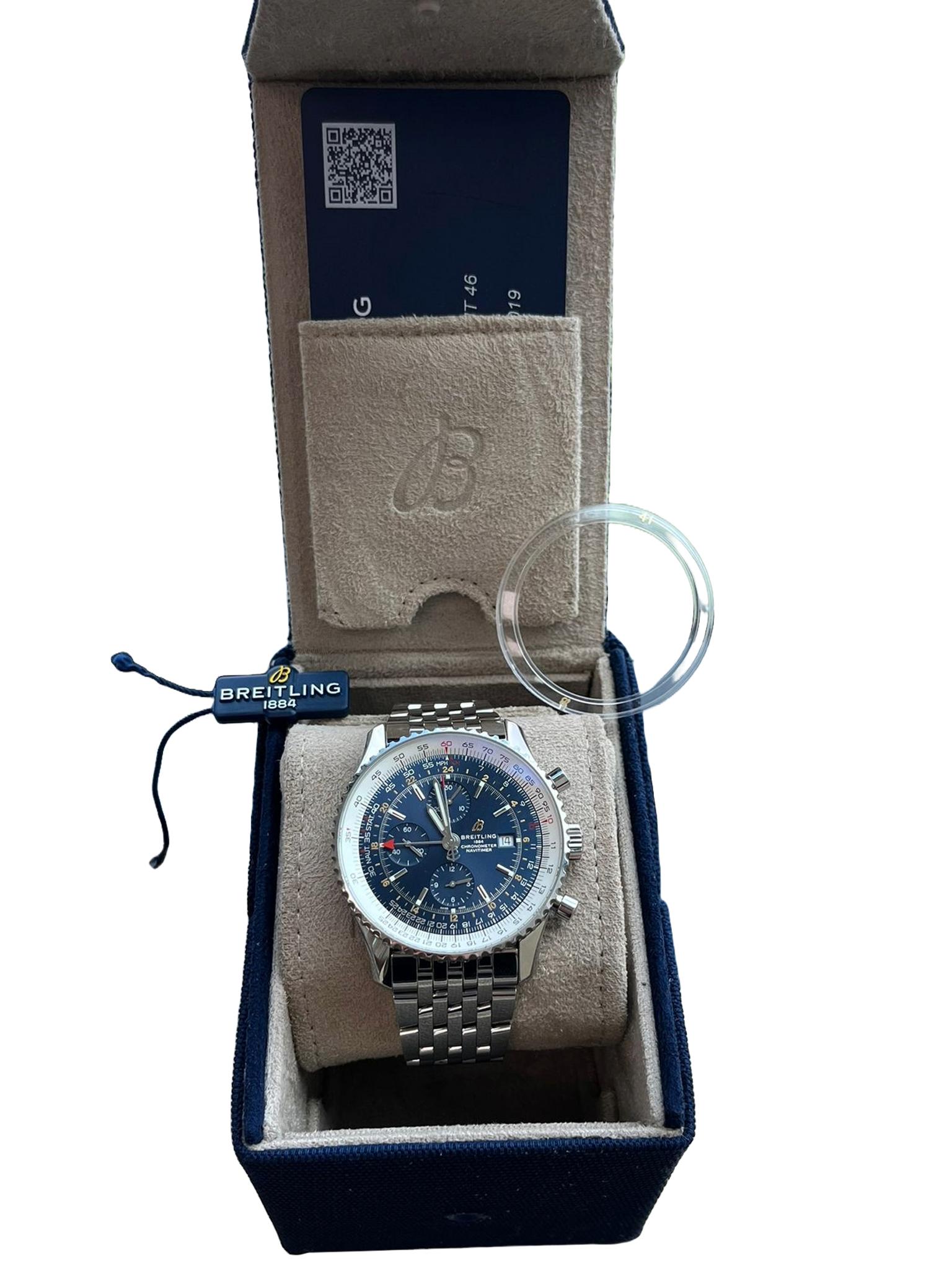 Introducing the distinguished elegance of the Breitling Navitimer World A24322. This impressive timepiece features a robust 46mm stainless steel case, complemented by a captivating blue dial. The chronograph's automatic movement ensures precise