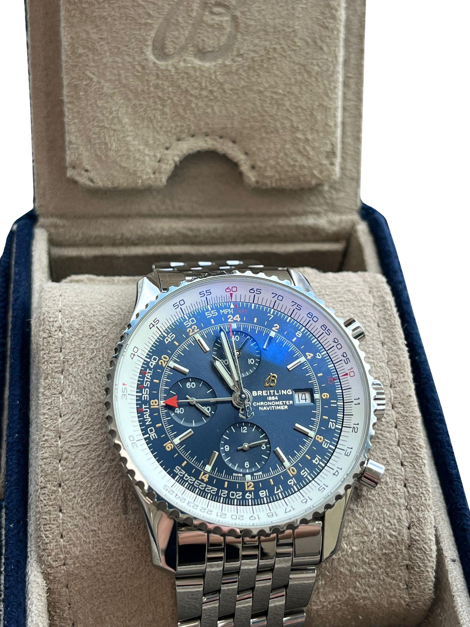 Men's Breitling Navitimer World 46mm Chronograph Blue Dial Steel Band Men Watch A24322 For Sale