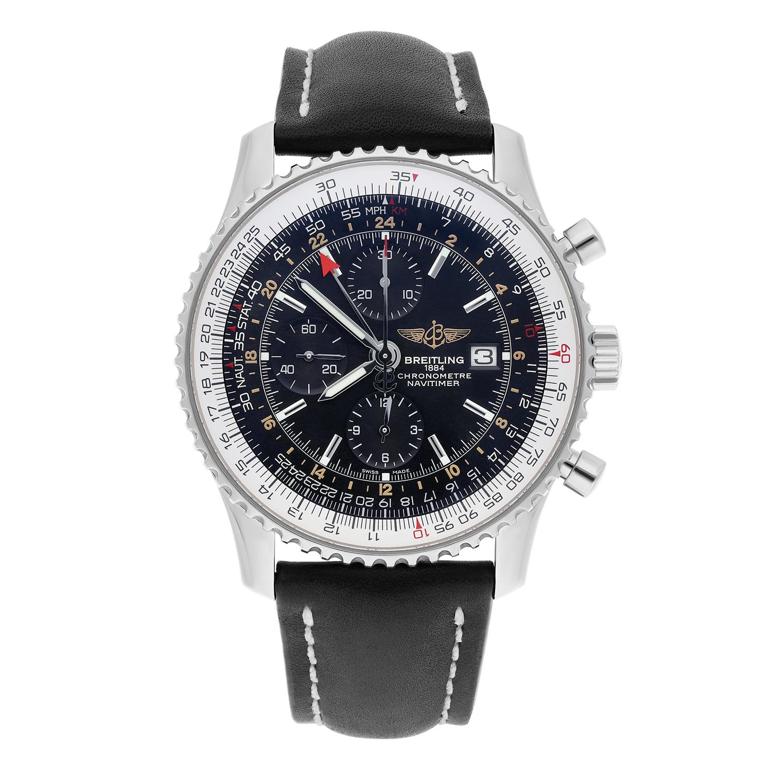 This stunning Breitling Navitimer World watch is the perfect addition to any collection. Its sleek silver case color and black dial color create a beautiful contrast that catches the eye. With a two-piece strap this watch fits comfortably on any