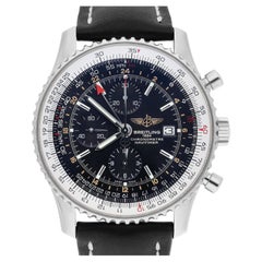 Breitling Navitimer World Edelstahl-Uhr A24322 mit schwarzem Zifferblatt und neuem Riemen