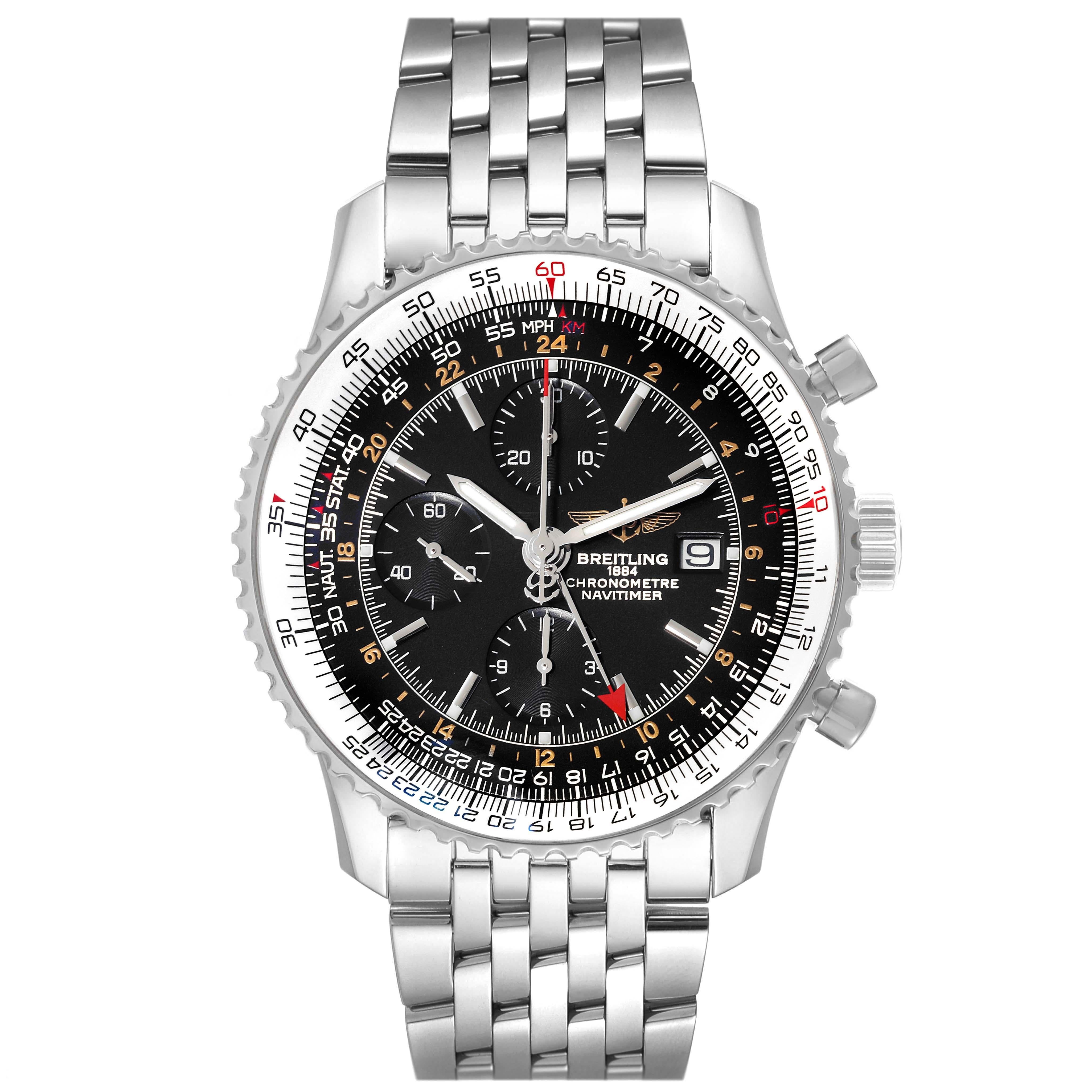 Breitling Navitimer World Black Dial Steel Mens Watch A24322 Box Card. Self-winding automatic officially certified chronometer movement. Chronograph function. Stainless steel case 46.0 mm in diameter. Stainless steel crown and pushers. Stainless