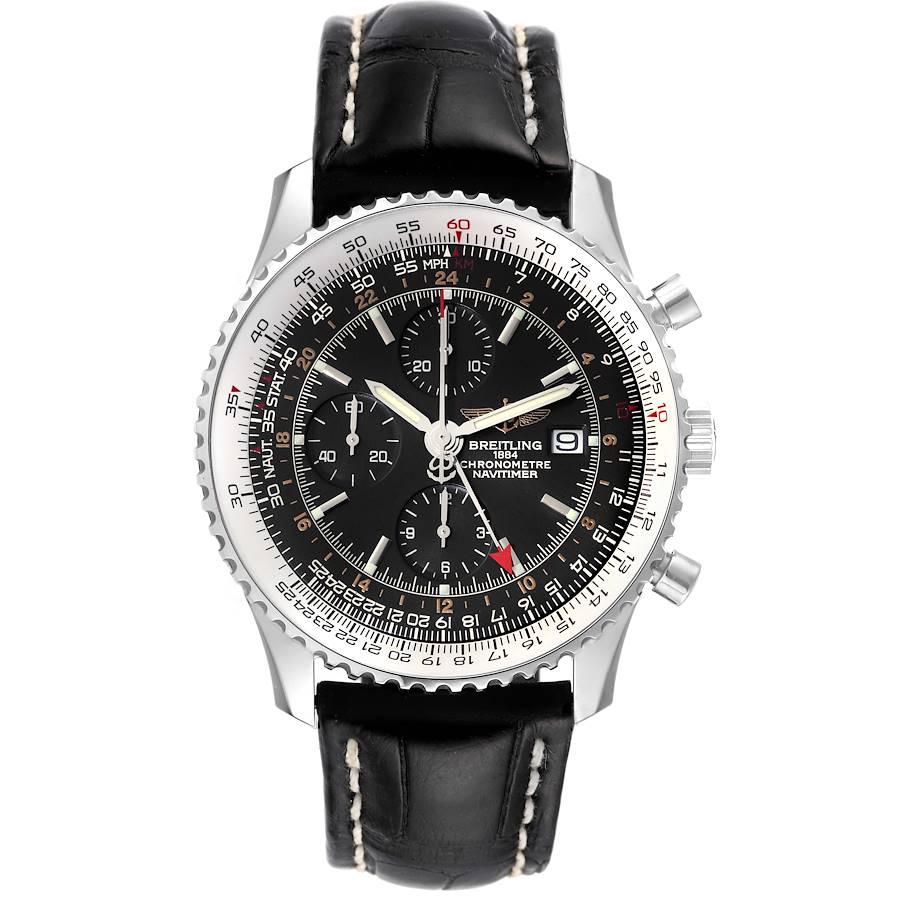 Breitling Navitimer World Black Dial Steel Mens Watch A24322 Box Papers. Self-winding automatic officially certified chronometer movement. Chronograph function. Stainless steel case 46.0 mm in diameter. Stainless steel crown and pushers. Stainless