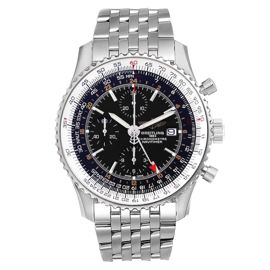 Breitling Navitimer World Black Dial Steel Mens Watch A24322. Self-winding automatic officially certified chronometer movement. Chronograph function. Stainless steel case 46.0 mm in diameter. Stainless steel crown and pushers. Stainless steel