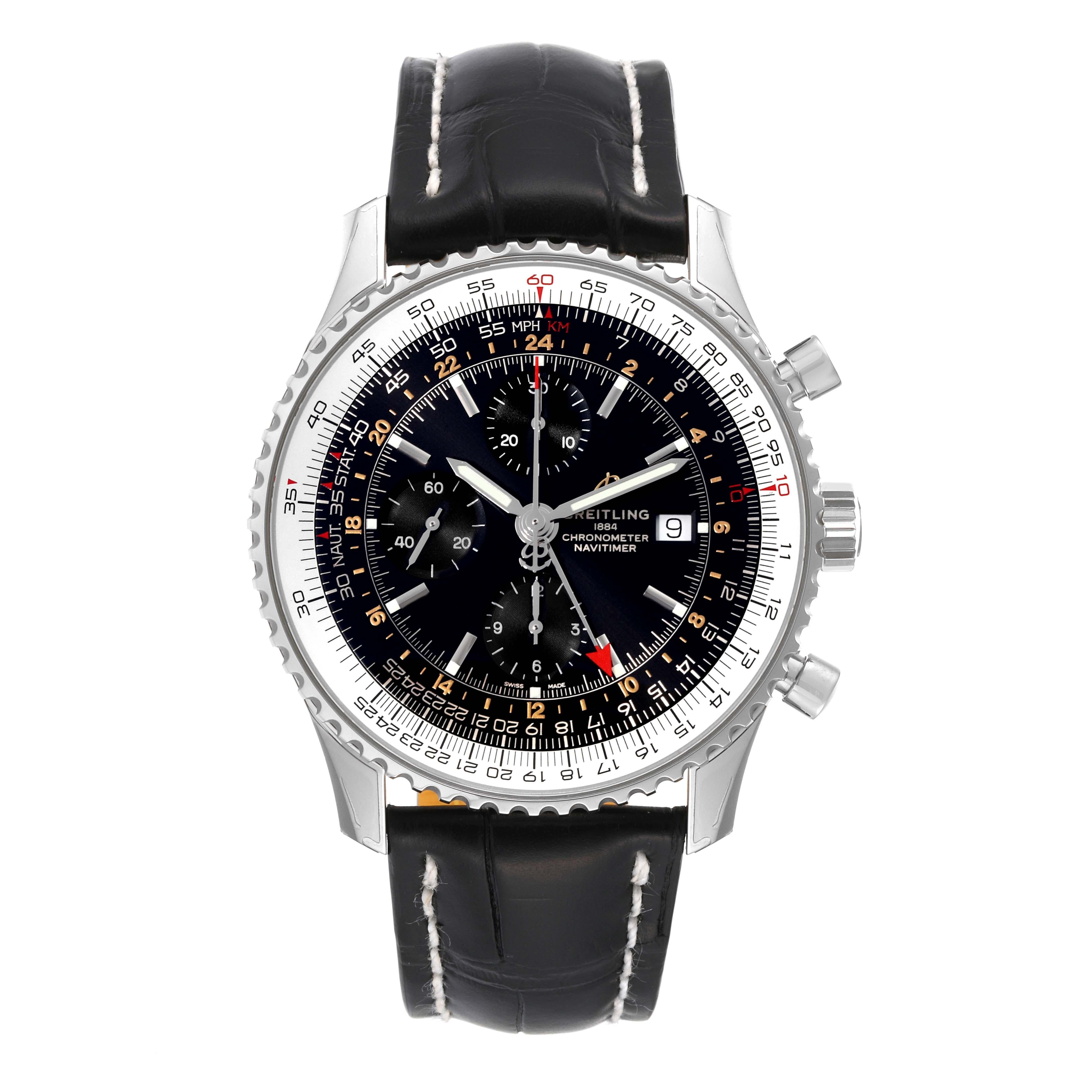 Breitling Navitimer World Black Dial Steel Mens Watch A24322 Unworn. Self-winding automatic officially certified chronometer movement. Chronograph function. Stainless steel case 46.0 mm in diameter. Stainless steel crown and pushers. Stainless steel