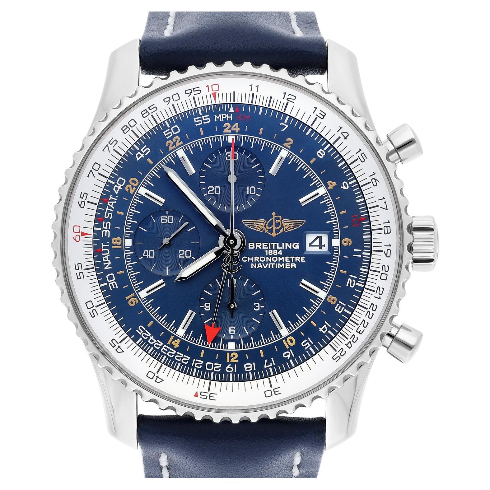 Breitling Navitimer World Blue Dial Stainless Steel Watch A24322 New Strap