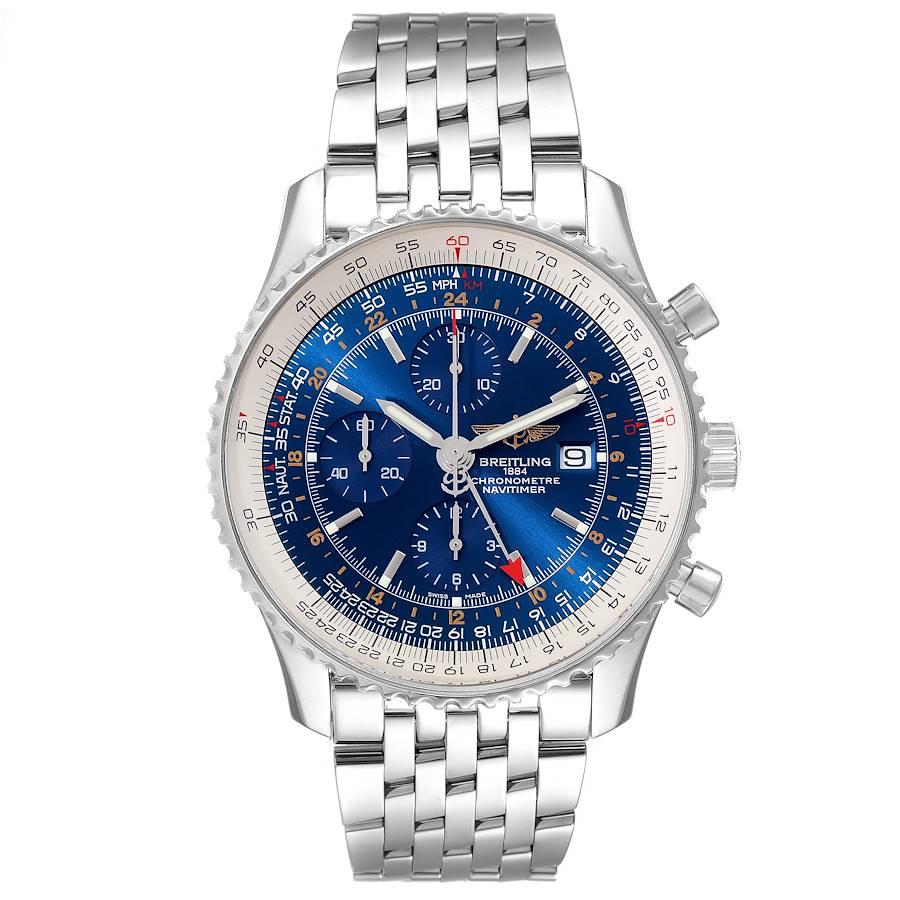 Breitling Navitimer World Blue Dial Steel Mens Watch A24322 Box Card. Mouvement automatique à remontage automatique, officiellement certifié chronomètre. Fonction chronographe. Boîtier en acier inoxydable de 46,0 mm de diamètre. Couronne et