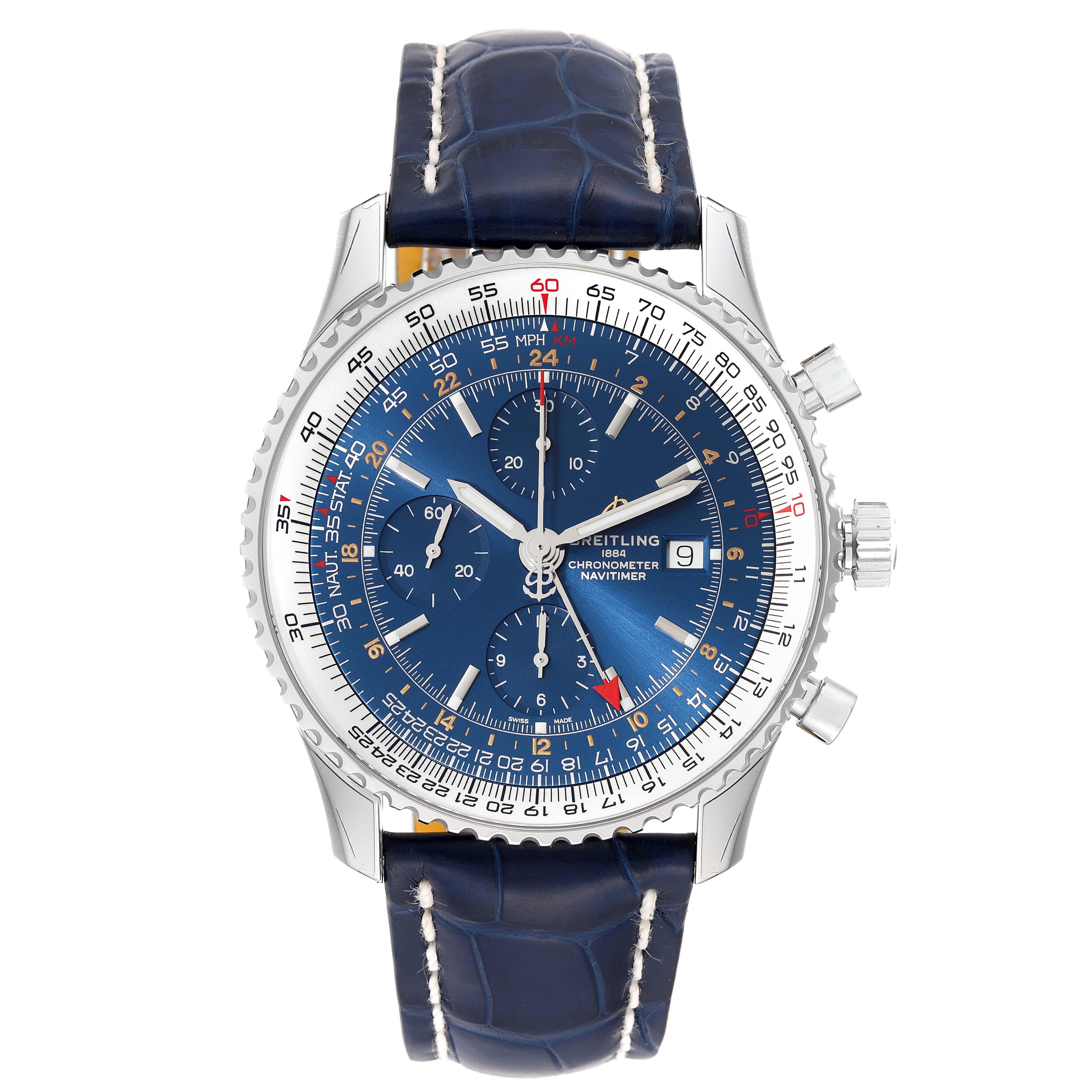 Breitling Navitimer World Blue Dial Steel Mens Watch A24322 Unworn. Self-winding automatic officially certified chronometer movement. Chronograph function. Stainless steel case 46.0 mm in diameter. Stainless steel crown and pushers. Stainless steel