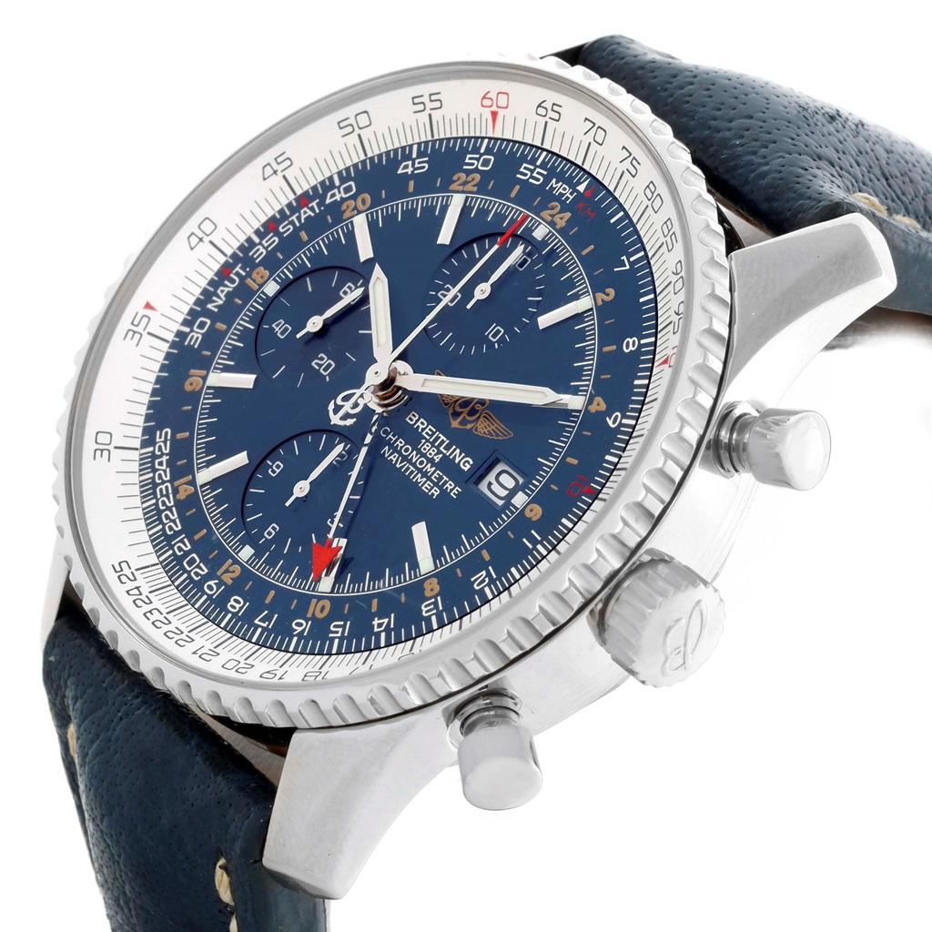Breitling Navitimer World Chrono GMT Blue Dial Steel Watch A24322. Self-winding automatic officially certified chronometer movement. Stainless steel case 46.0 mm in diameter. Stainless steel screwed-down crown and pushers.Chronograph function.