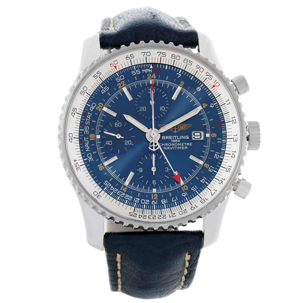 Breitling Navitimer World Chrono GMT Blue Dial Steel Watch A24322 In Excellent Condition In Atlanta, GA