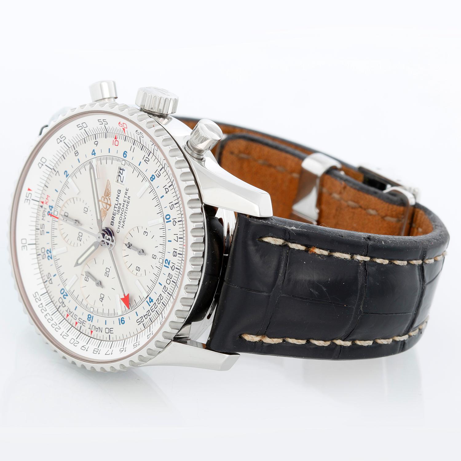 Breitling Navitimer World Chronograph Men's Steel Watch A24322 - Automatic winding; chronograph; dual time. Stainless steel case with bidirectional rotating slide-rule bezel (46mm diameter). Silver dial with hour, minute and seconds recorders,