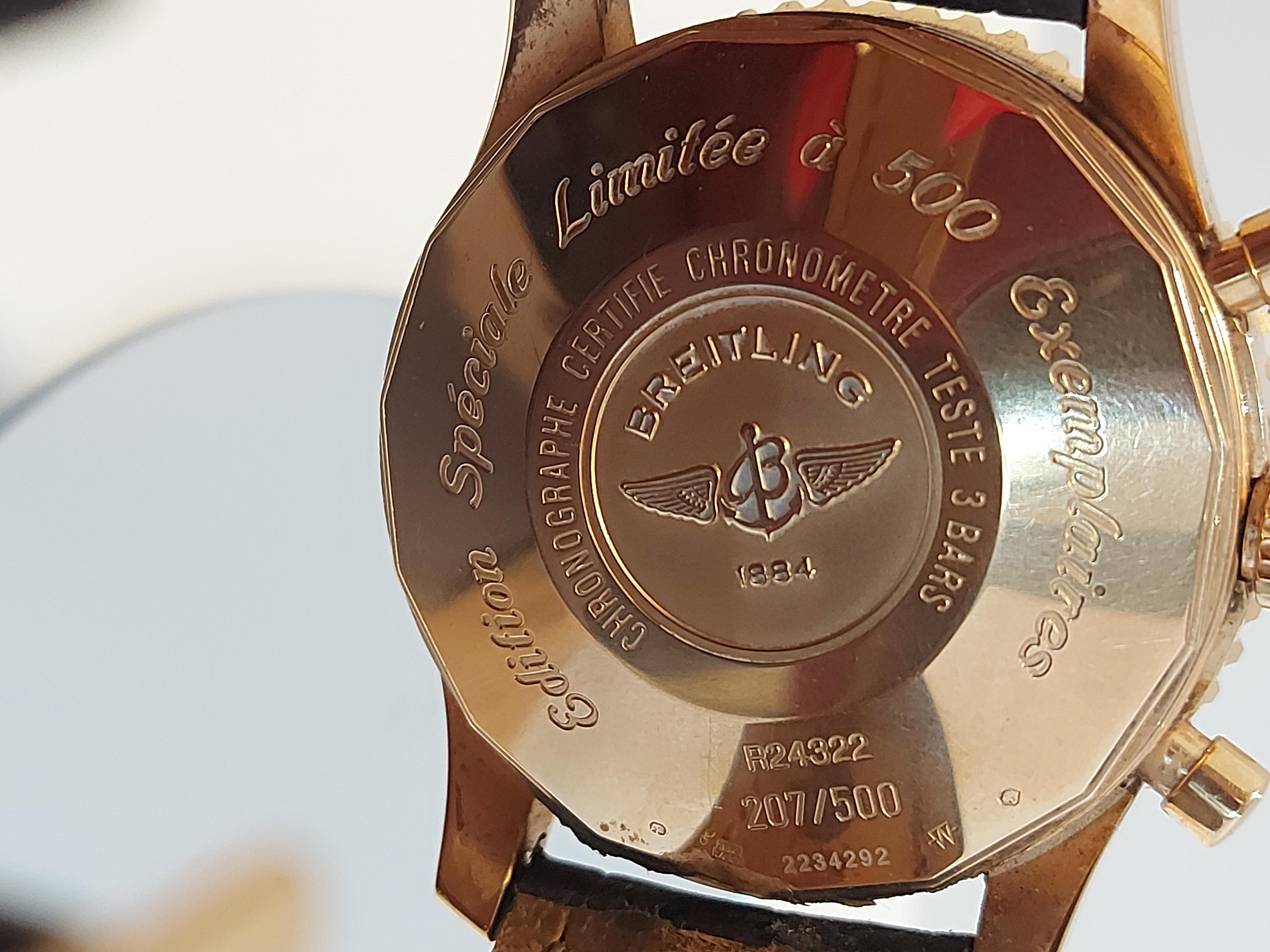 Breitling Navitimer world. 18ct yellow gold limited edition watch number 207/500 model R24322 box and papers dated February 2007.