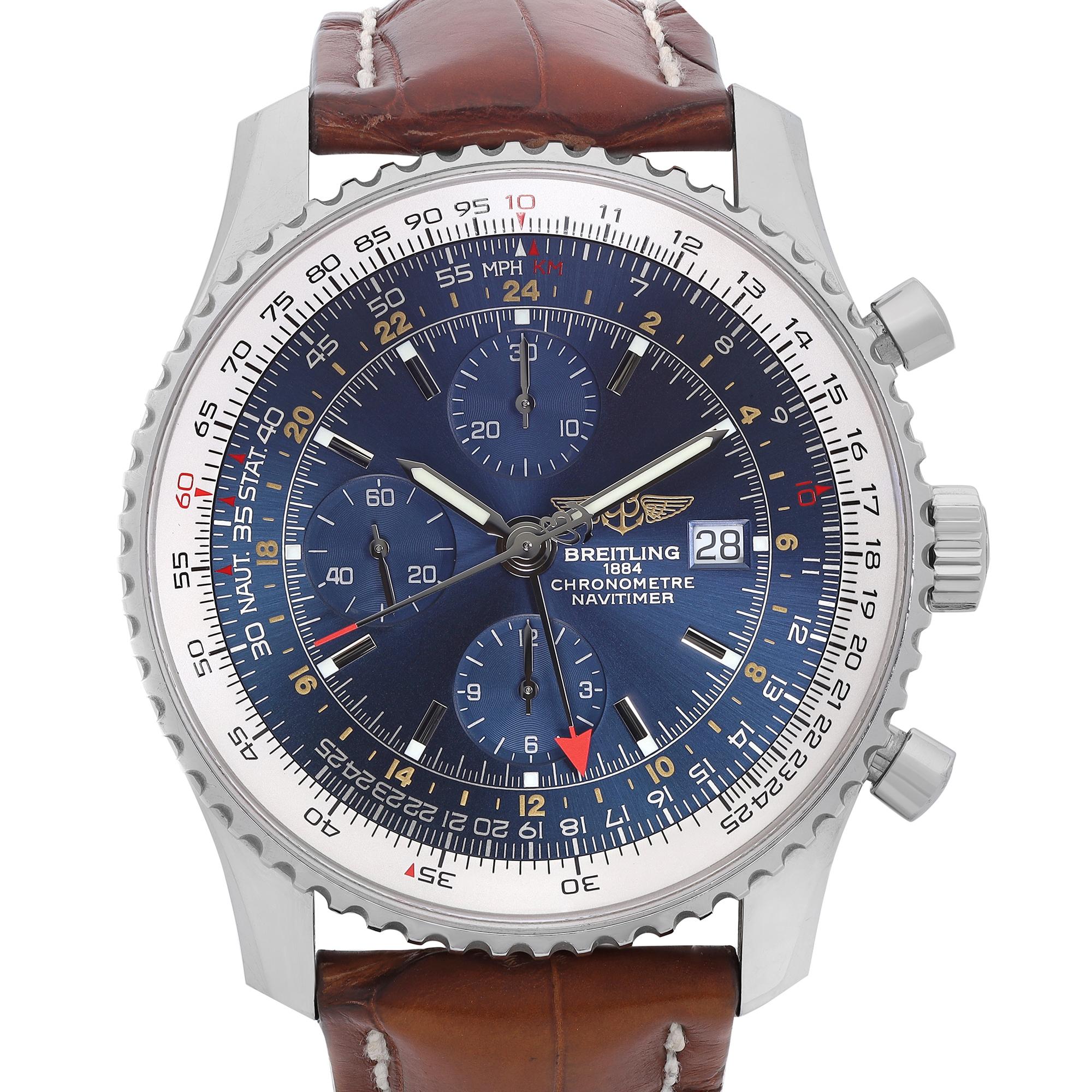 The leather strap shows wear but no rips or cracks. Recently serviced and polished.

Brand: Breitling  Type: Wristwatch  Department: Men  Model Number: A24322  Country/Region of Manufacture: Switzerland  Style: Luxury  Model: Breitling Navitimer 
