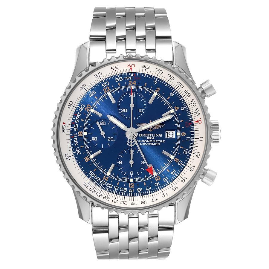 Breitling Navitimer World GMT Blue Dial Steel Mens Watch A24322 Box Card. Automatisches, offiziell zertifiziertes Chronometerwerk mit Selbstaufzug. Chronograph und GMT-Funktionen. Gehäuse aus Edelstahl mit einem Durchmesser von 46.0 mm. Krone und