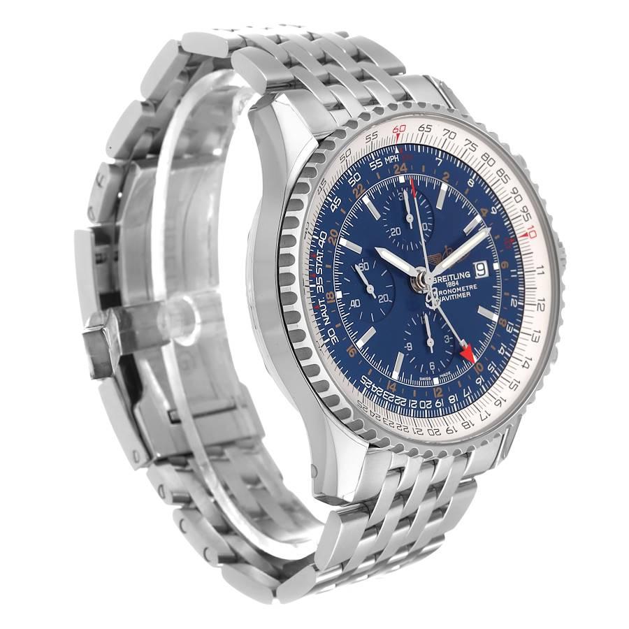 Breitling Navitimer World GMT Stahl-Herrenuhr A24322 mit blauem Zifferblatt im Zustand „Hervorragend“ im Angebot in Atlanta, GA