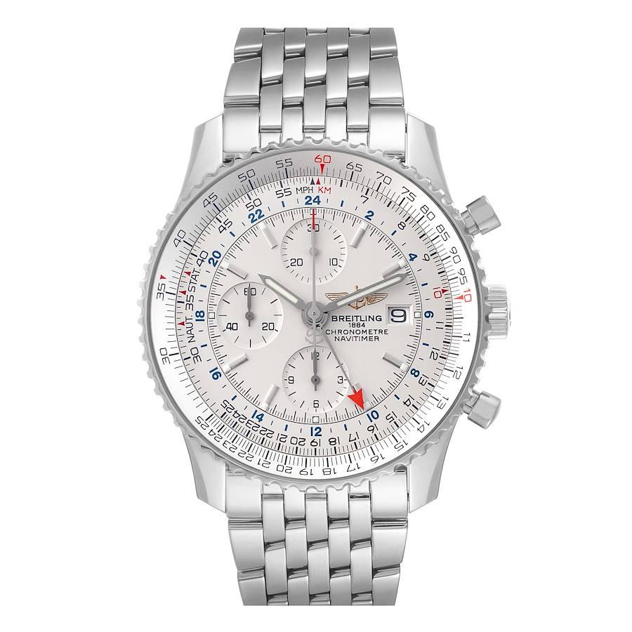 Breitling Navitimer World GMT Chronograph Silbernes Zifferblatt Stahl Herrenuhr A24322. Automatisches, offiziell zertifiziertes Chronometerwerk mit Automatikaufzug, GMT- und Chronographenfunktion. Gehäuse aus Edelstahl mit einem Durchmesser von 46.0