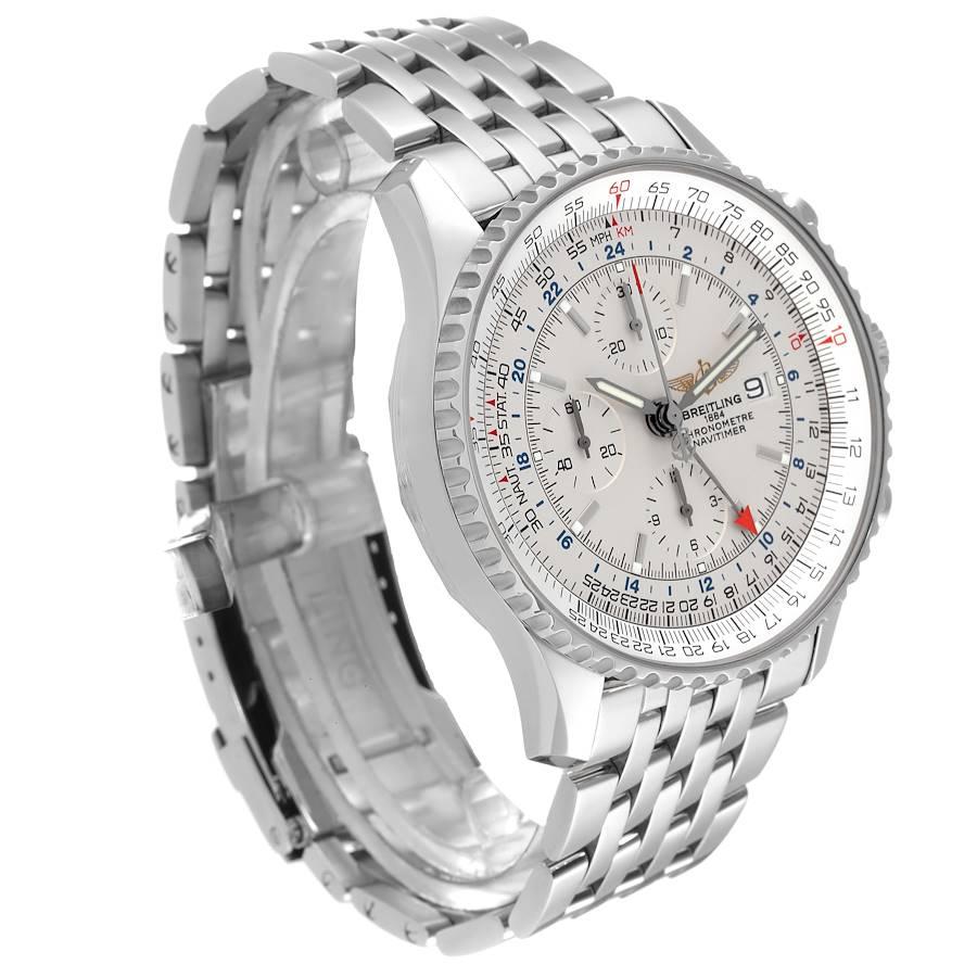 Breitling Navitimer World GMT Chronograph Silber Zifferblatt Stahl-Herrenuhr A24322 im Zustand „Hervorragend“ in Atlanta, GA