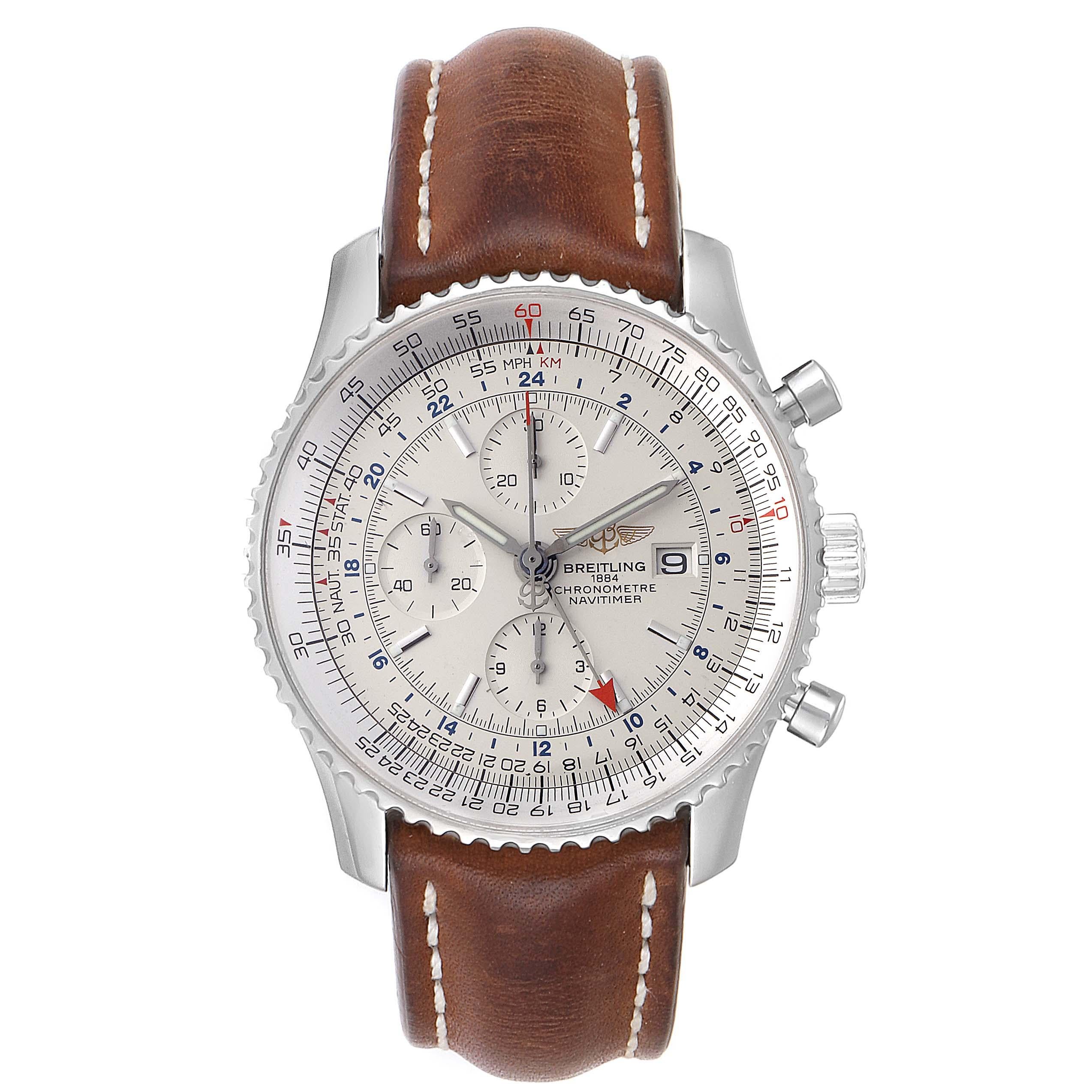 Breitling Navitimer World GMT White Dial Steel Mens Watch A24322. Self-winding automatic officially certified chronometer movement. Chronograph function. Stainless steel case 46 mm in diameter. Stainless steel screwed-down crown and pushers.