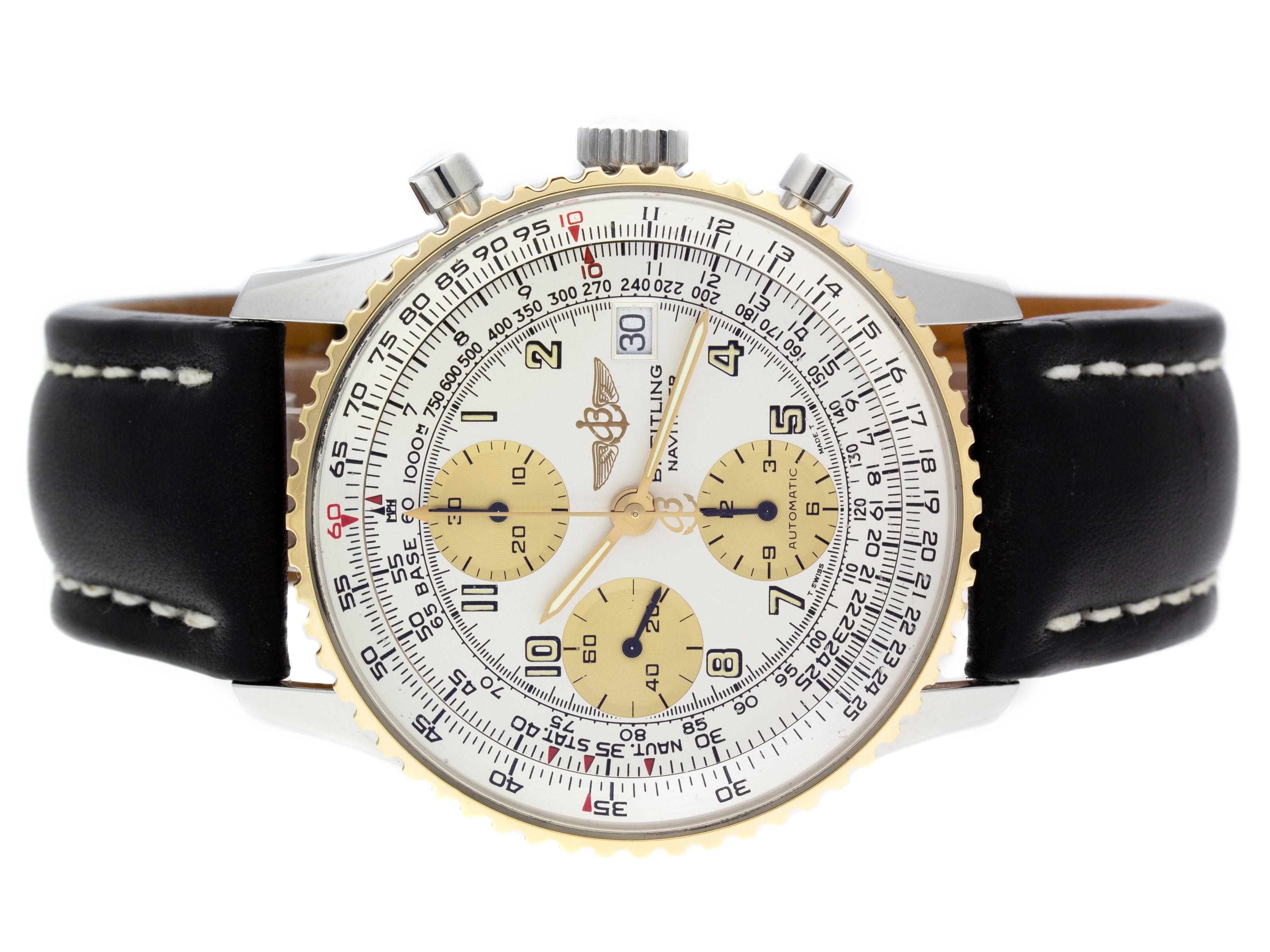 Brand	Breitling
Series	Old Navitimer 
Model	D13020
Gender	Men's
Condition	Great Condition Pre-owned Watch.
Material	18K Yellow Gold, Stainless Steel, & Leather
Finish	Polished 
Caseback	Solid
Diameter	41mm 
Thickness	
Crystal	Sapphire Scratch