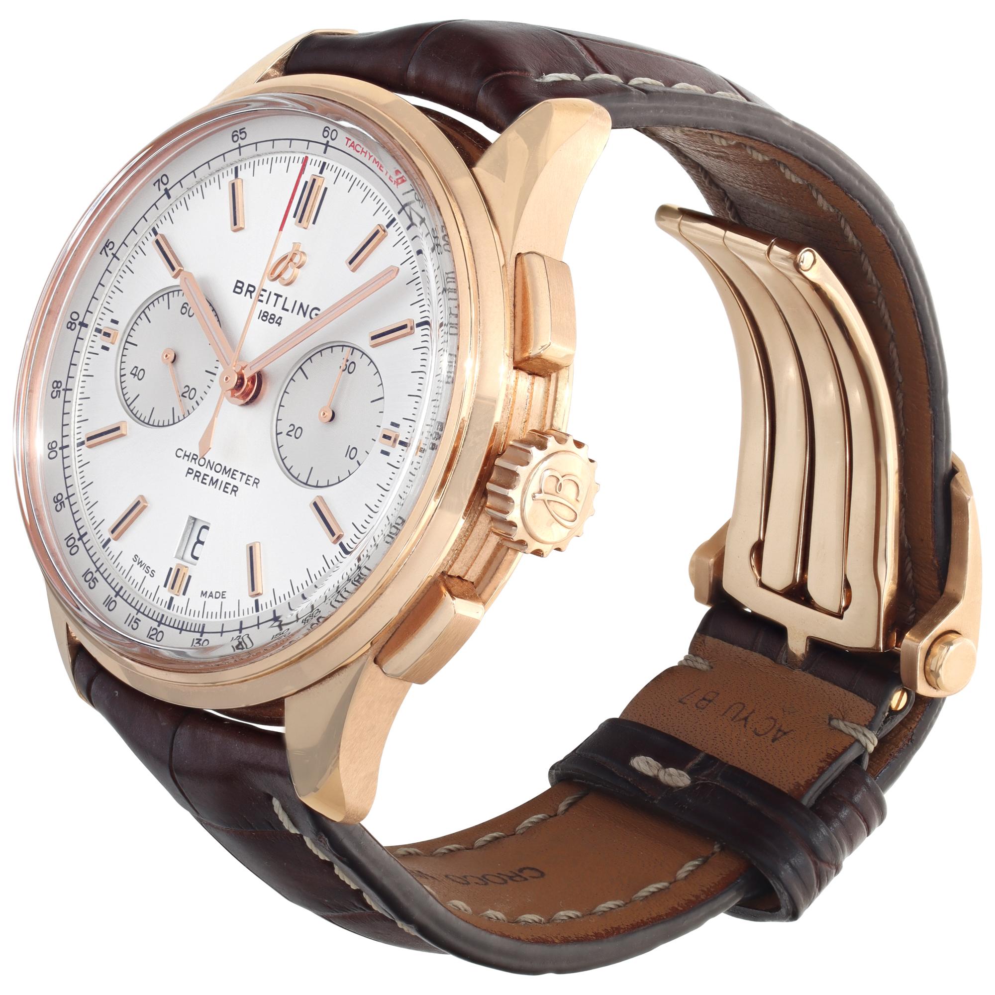 Breitling Premier in 18k rose gold on leather strap. Auto w/ subseconds, date and chronograph. 42 mm case size. With box. Ref RB0118371G1P2. Fine Pre-owned Breitling Watch.

 Certified preowned Sport Breitling Premier RB0118371G1P2 watch on a Brown