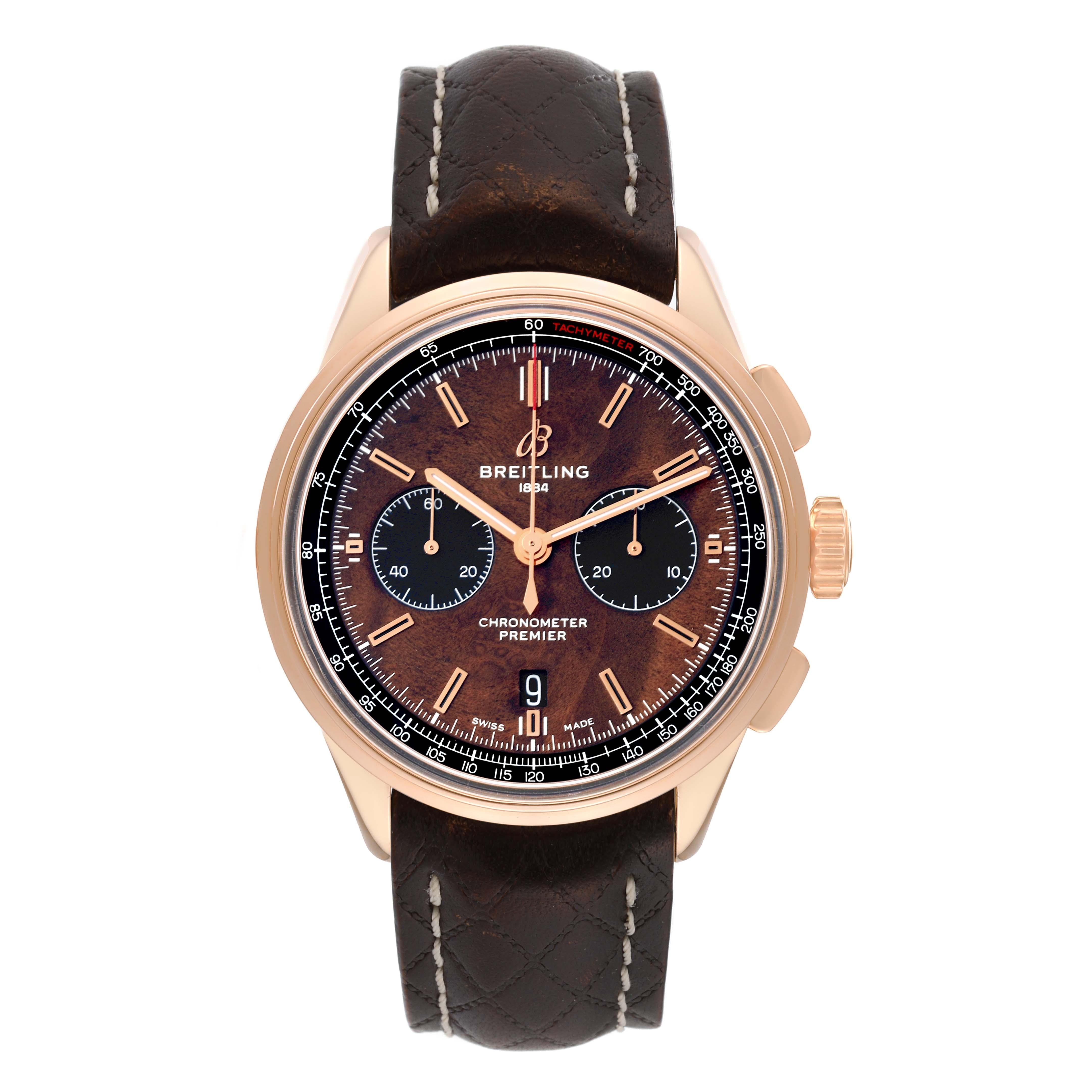Breitling Premier B01 Bentley Centenary Limited Edition Rose Gold Mens Watch RB0118 Box Card. Automatic self-winding movement. 18k rose gold round case 42.0 mm in diameter. Transparent exhibition sapphire crystal case back. 18k rose gold smooth
