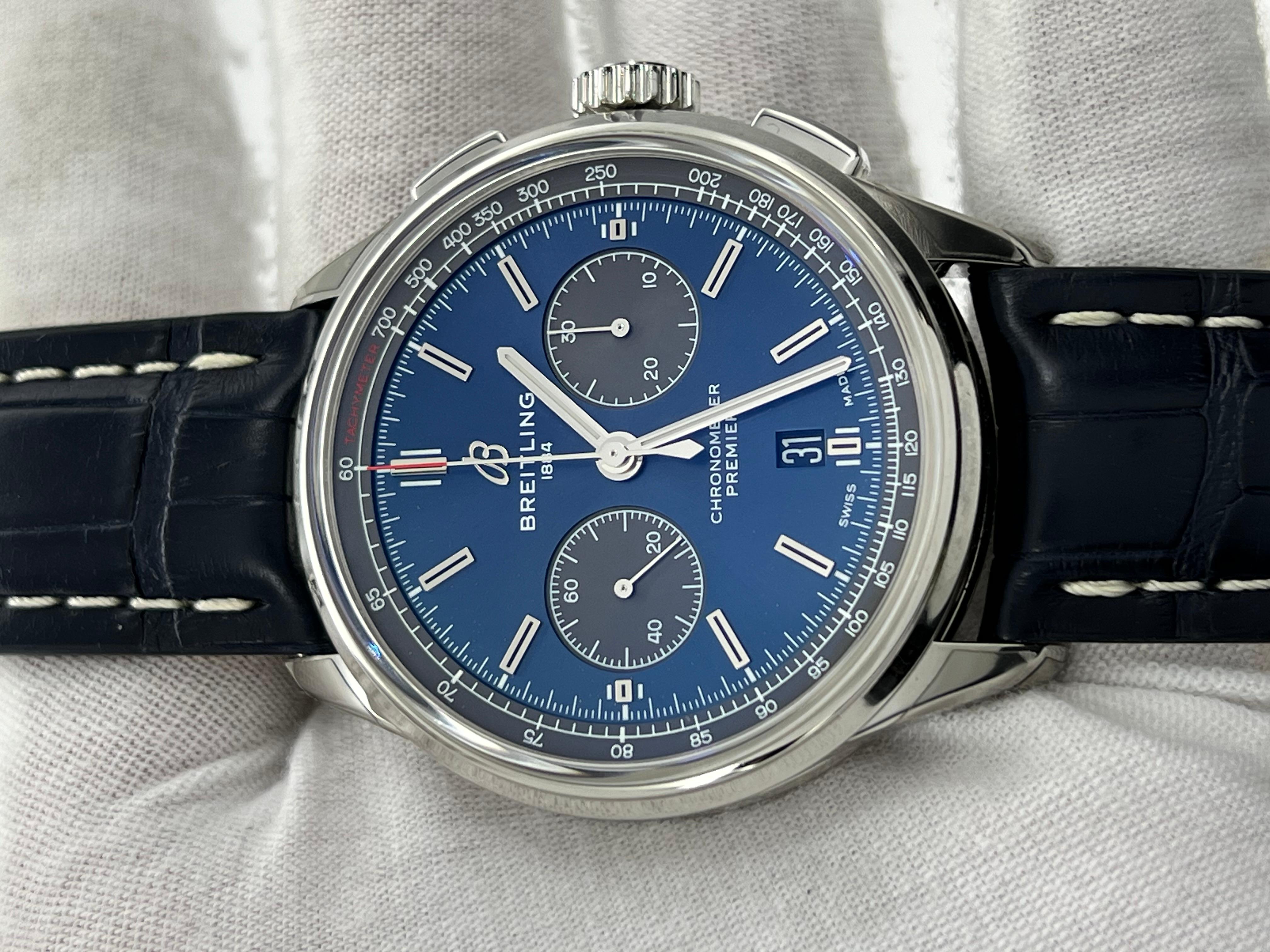 Breitling Premier B01 Chronograph 42 AB0118 Blue Dial Stainless Steel Travel Box In Excellent Condition In San Diego, CA