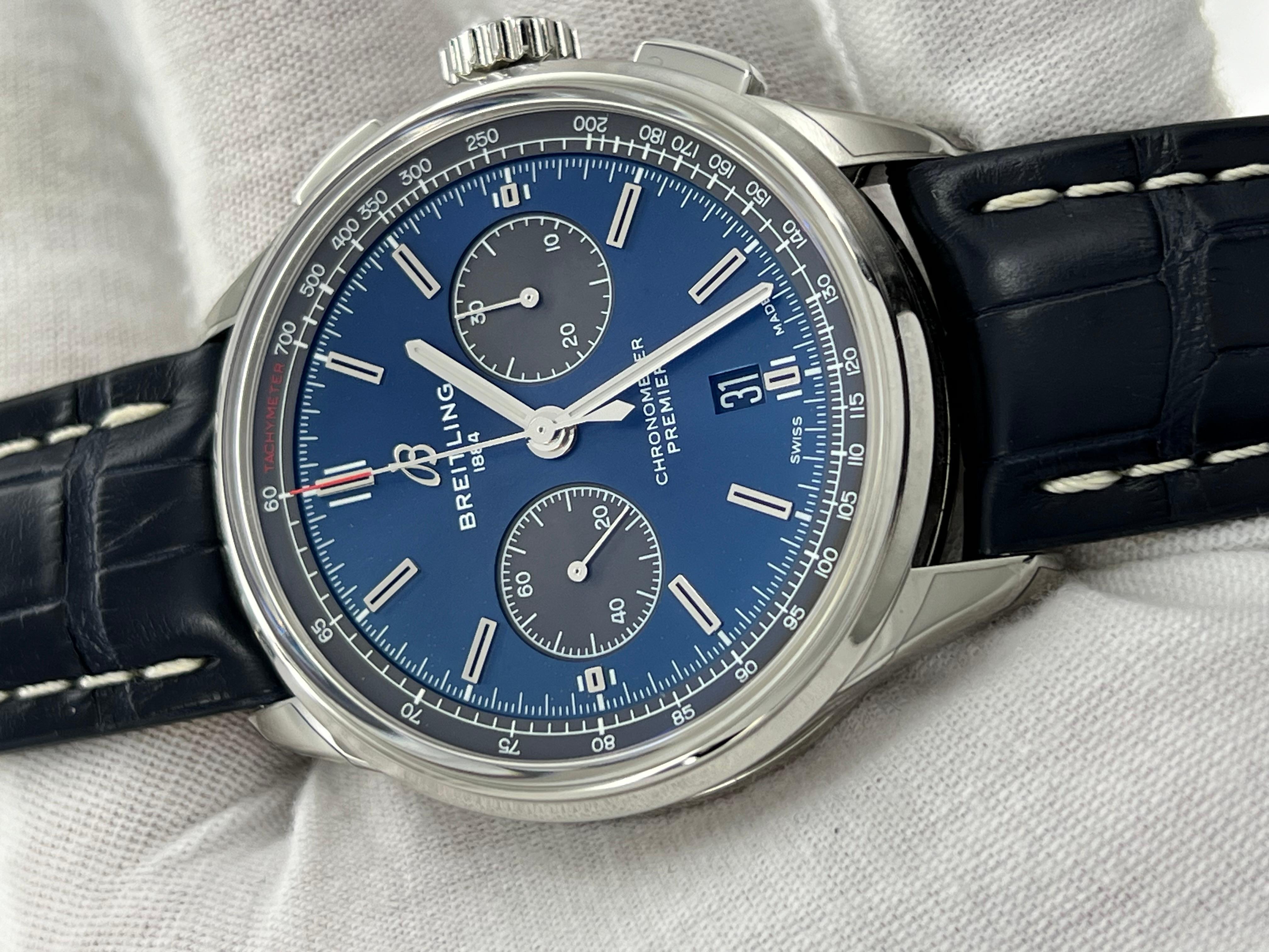 Men's Breitling Premier B01 Chronograph 42 AB0118 Blue Dial Stainless Steel Travel Box