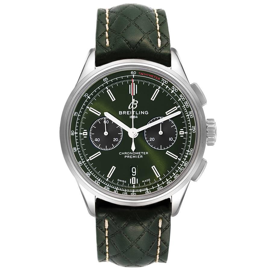 Breitling Premier B01 Chronograph 42 Grünes Zifferblatt Stahl Herrenuhr AB0118 Box Card. Automatisches Chronographenwerk mit Selbstaufzug. Rundes Edelstahlgehäuse mit einem Durchmesser von 42.0 mm. Gehäuseboden aus transparentem Saphirglas. Lünette