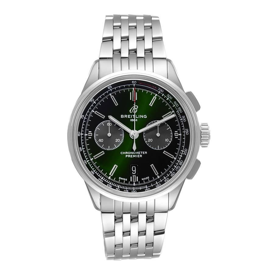 Breitling Premier B01 Chronograph 42 Green Dial Steel Mens Watch AB0118. Automatic self-winding chronograph movement. Stainless steel round case 42.0 mm in diameter. Transparent exhibition sapphire crystal case back. Stainless steel bezel. Scratch
