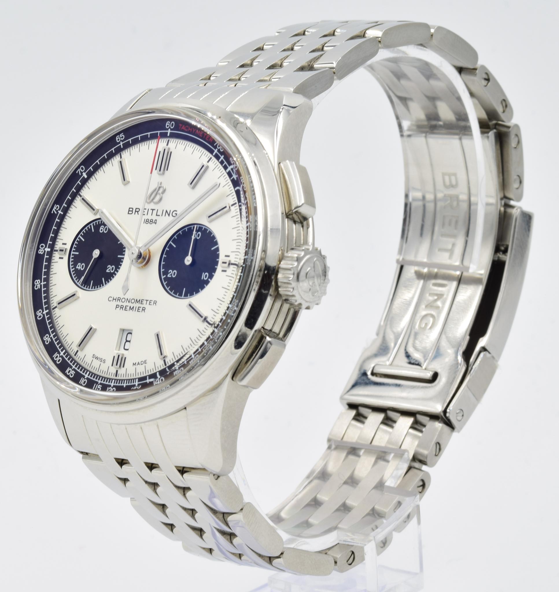This Breitling Premier B01 Chronograph was recently traded in to our store and is in very good condition! This watch comes with the full box and papers, including an additional black crocodile strap (short). This model features the silver 