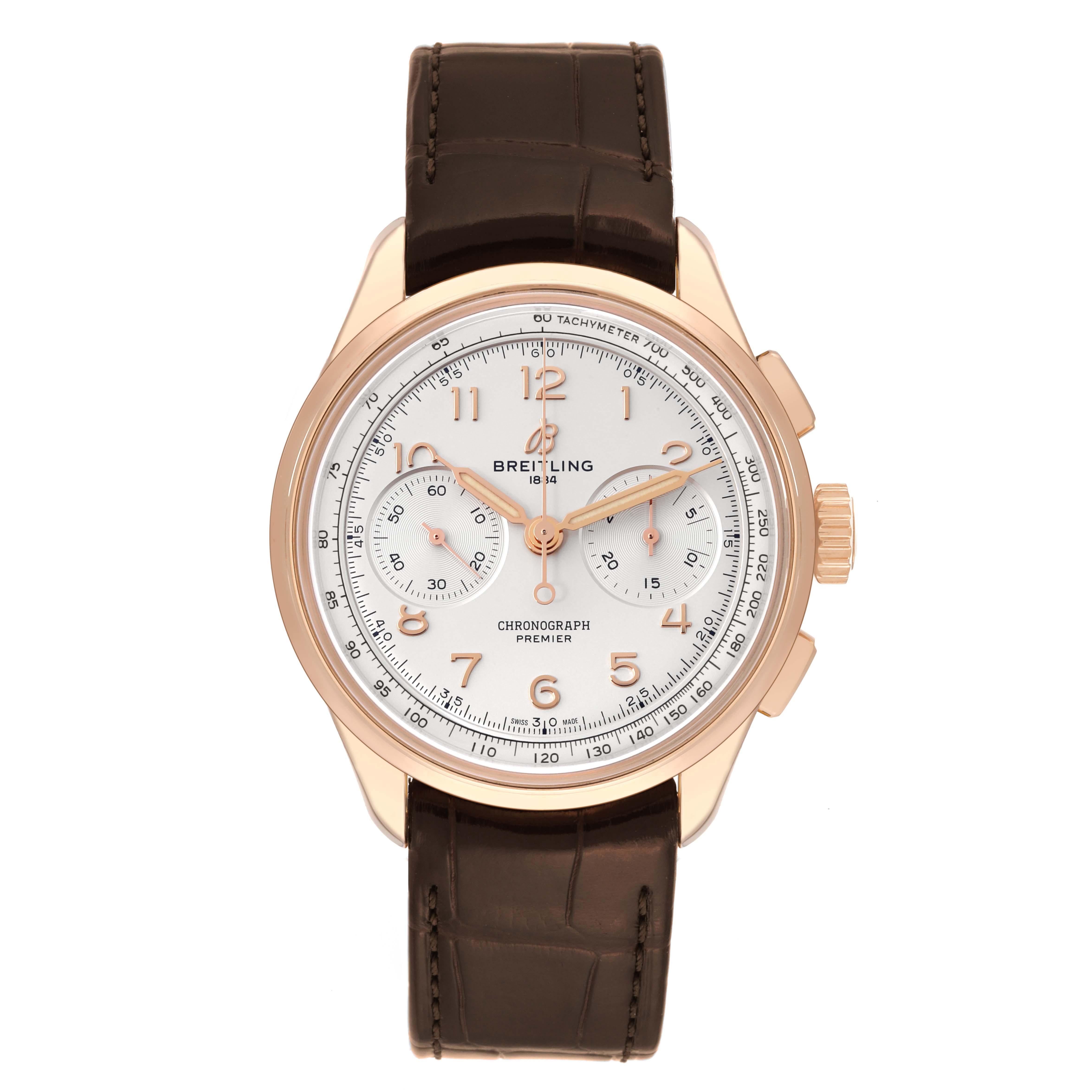 Breitling Premier B09 Chronograph 40 Rose Gold Mens Watch RB0930 Box Card. Manual winding chronograph movement. 18k rose gold round case 40.0 mm in diameter. Transparent exhibition sapphire crystal caseback. 18k rose gold bezel. Scratch resistant