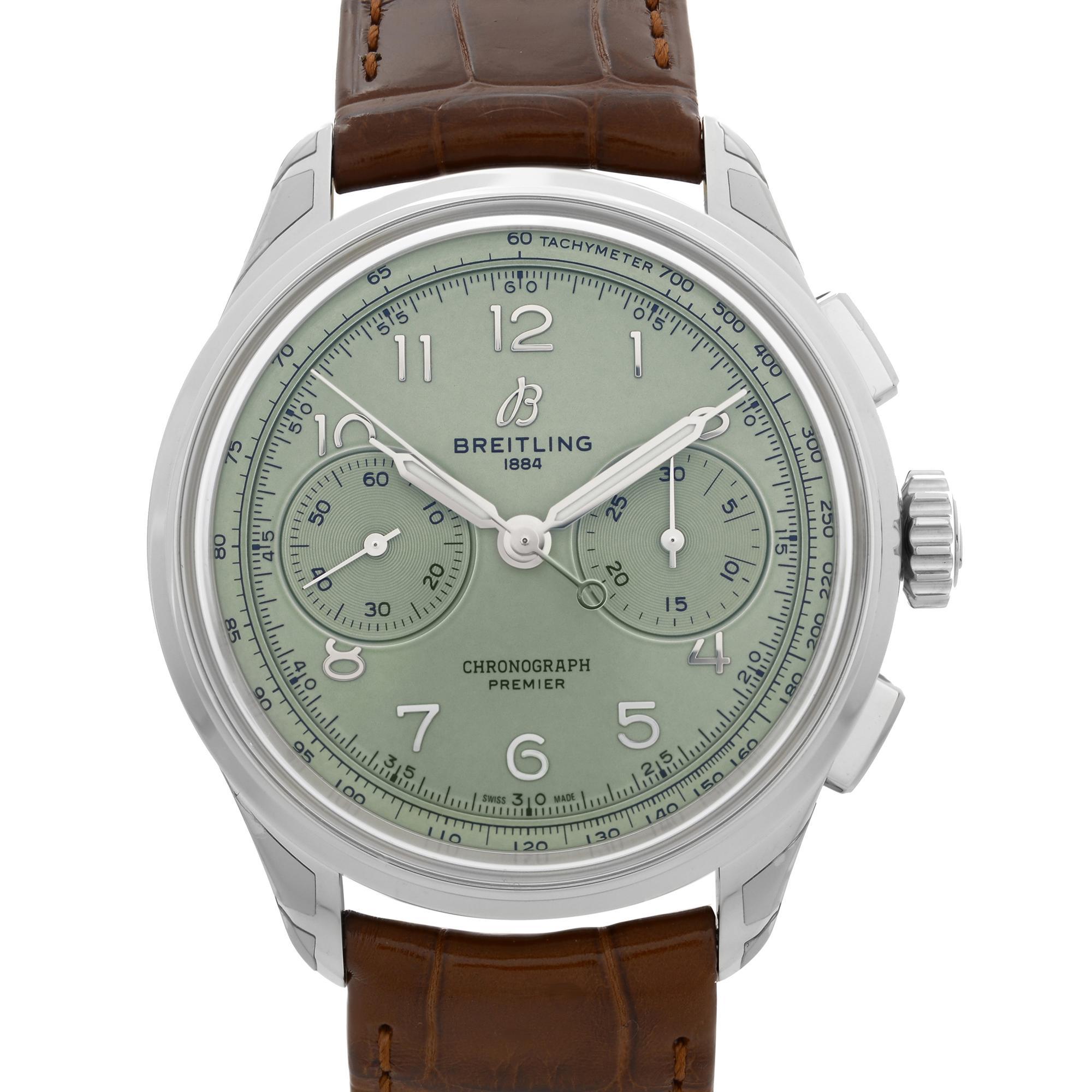 Unworn Breitling Premier B09 Steel Chronograph Green Dial Automatic Watch AB0930D31L1P1. This Beautiful Timepiece is Powered by Mechanical (Manual) Movement And Features: Stainless Steel Case with a Brown Leather Strap, Fixed Stainless Steel Bezel,