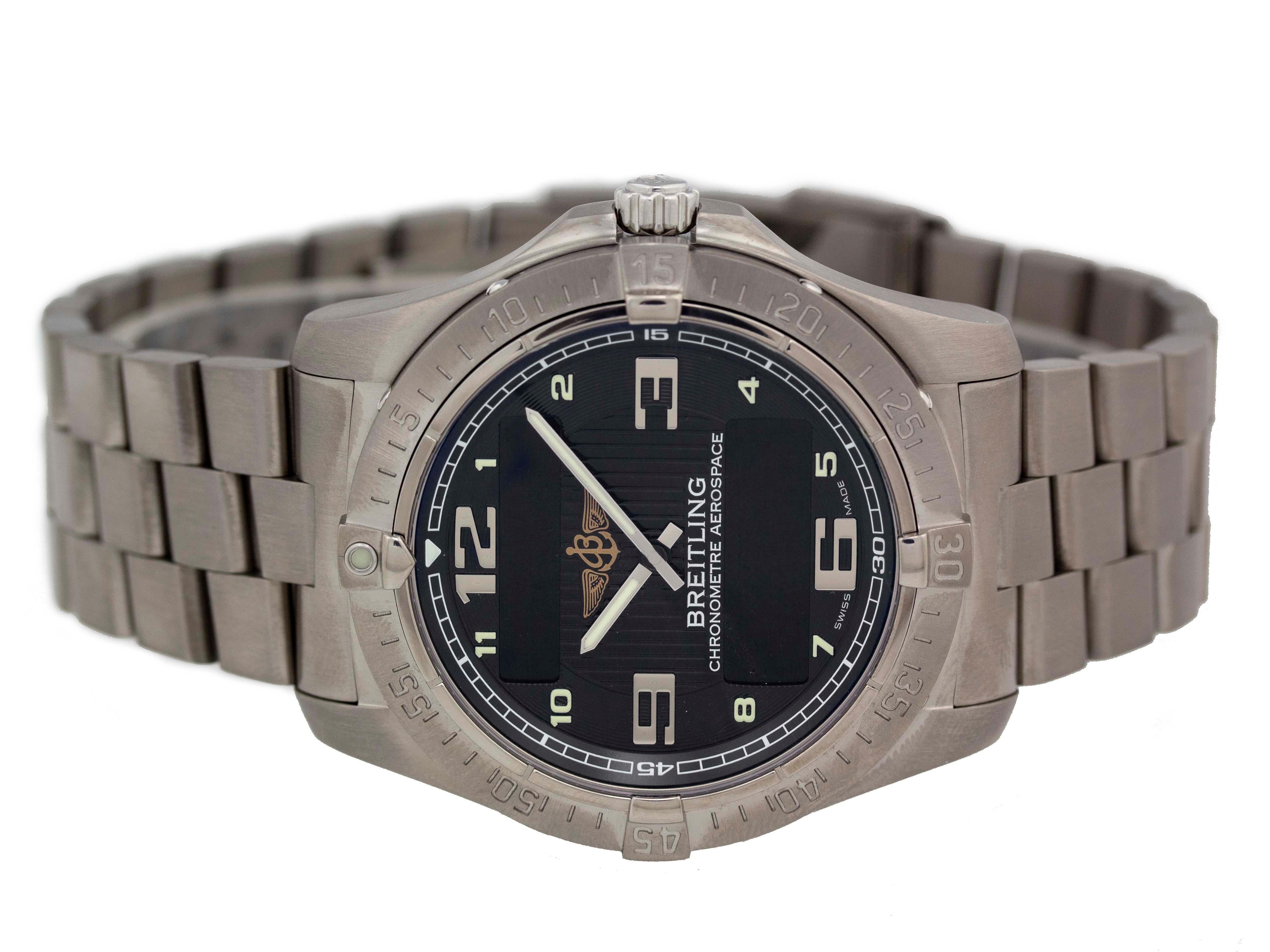 
Brand	Breitling
Series	Professional Aerospace
Model	E7936210/B962
Gender	Men's
Condition	Excellent Pre-owned, Faint Scratches
Material	Titanium
Finish	Brushed
Caseback	Solid
Diameter	42mm
Bezel	Unidirectional Titanium
Crystal	Sapphire Scratch
