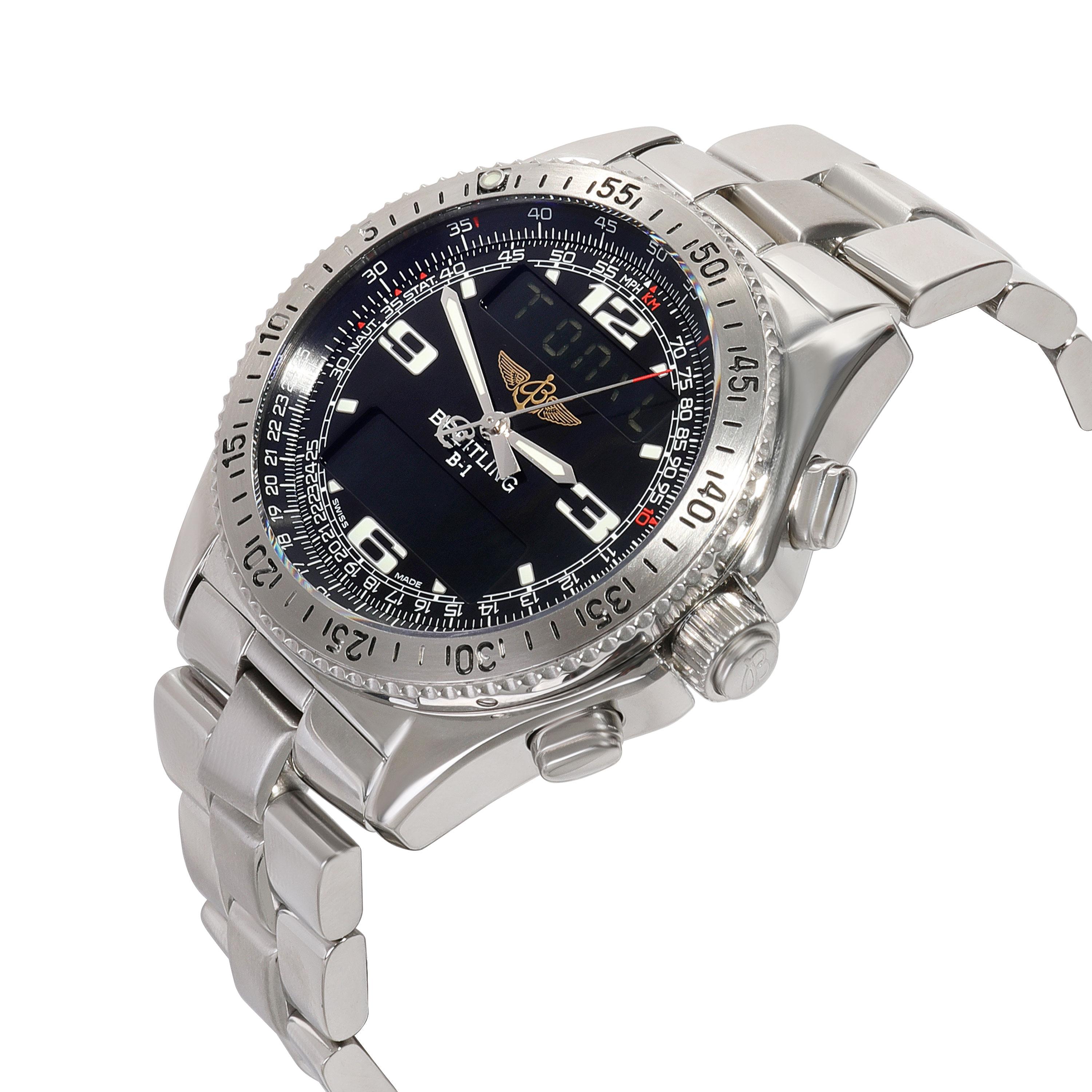 Breitling Professional B-1 A68362 Men's Watch in  Stainless Steel

SKU: 114681

PRIMARY DETAILS
Brand: Breitling
Model: Professional B-1
Country of Origin: Switzerland
Movement Type: Quartz: Battery
Year Manufactured: 2002
Year of Manufacture: