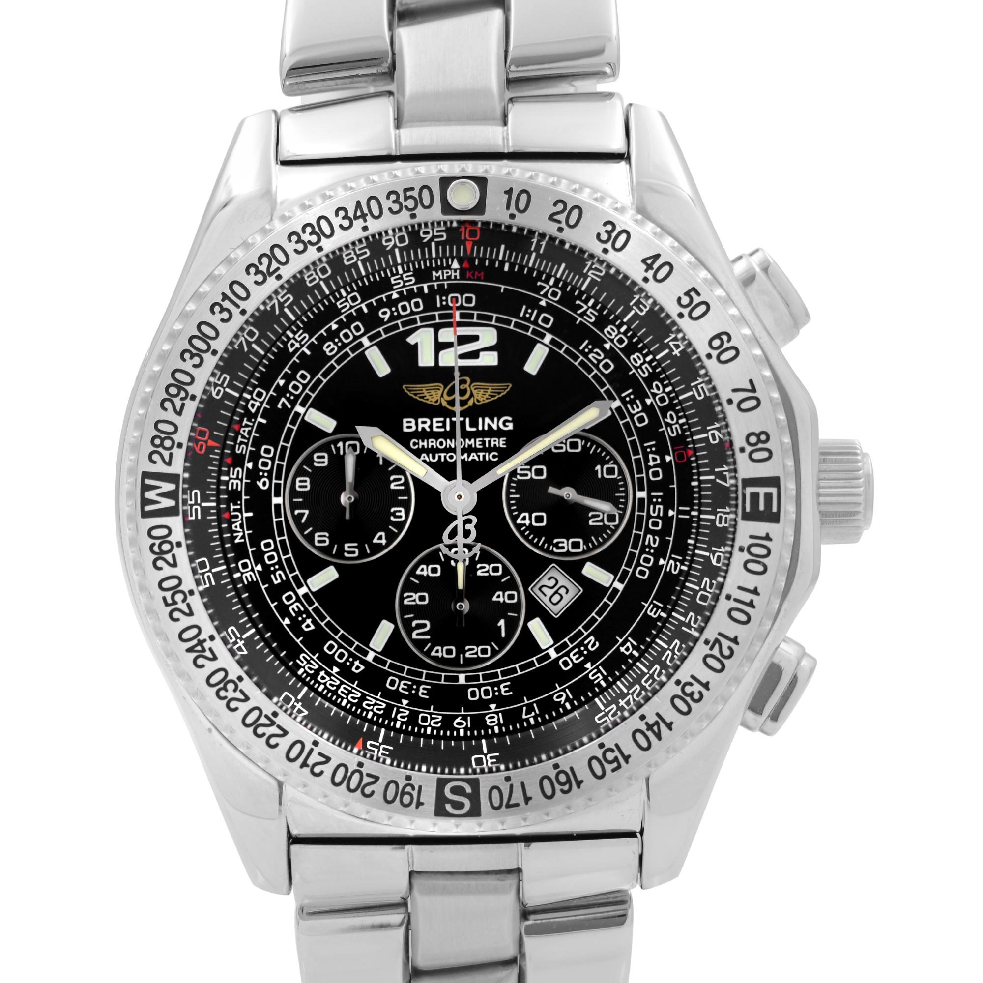 Pre-owned Breitling B2 Stainless Steel Chronograph Black Dial Automatic Men's Watch A42362. This Beautiful Timepiece Features: Stainless Steel Case and Bracelet. Bi-Directional Stainless Steel Bezel. Black Dial with Luminous Silver-Tone Hands Index