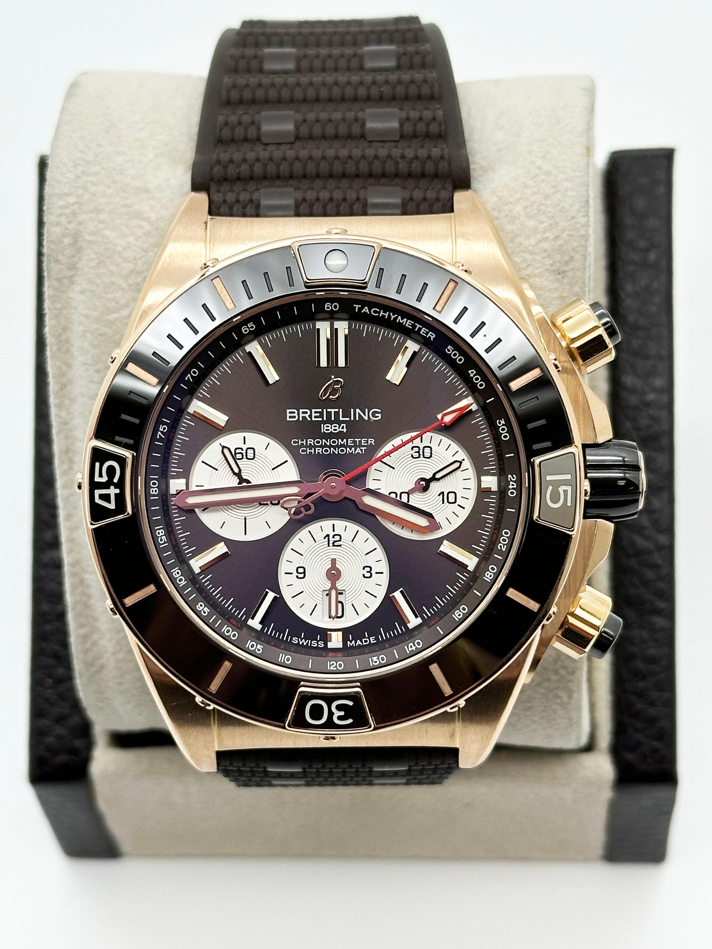 Style Number: RB0136 
Year: 2022
Model: Super Breitling Chronomat B01 44
Case Material: 18K Rose Gold 
Band: Brown Rubber 
Bezel:  18K Rose Gold
Dial: Brown 
Face: Sapphire Crystal 
Case Size: 44mm
Includes: 
-Breitling Box & Paper
-Certified
