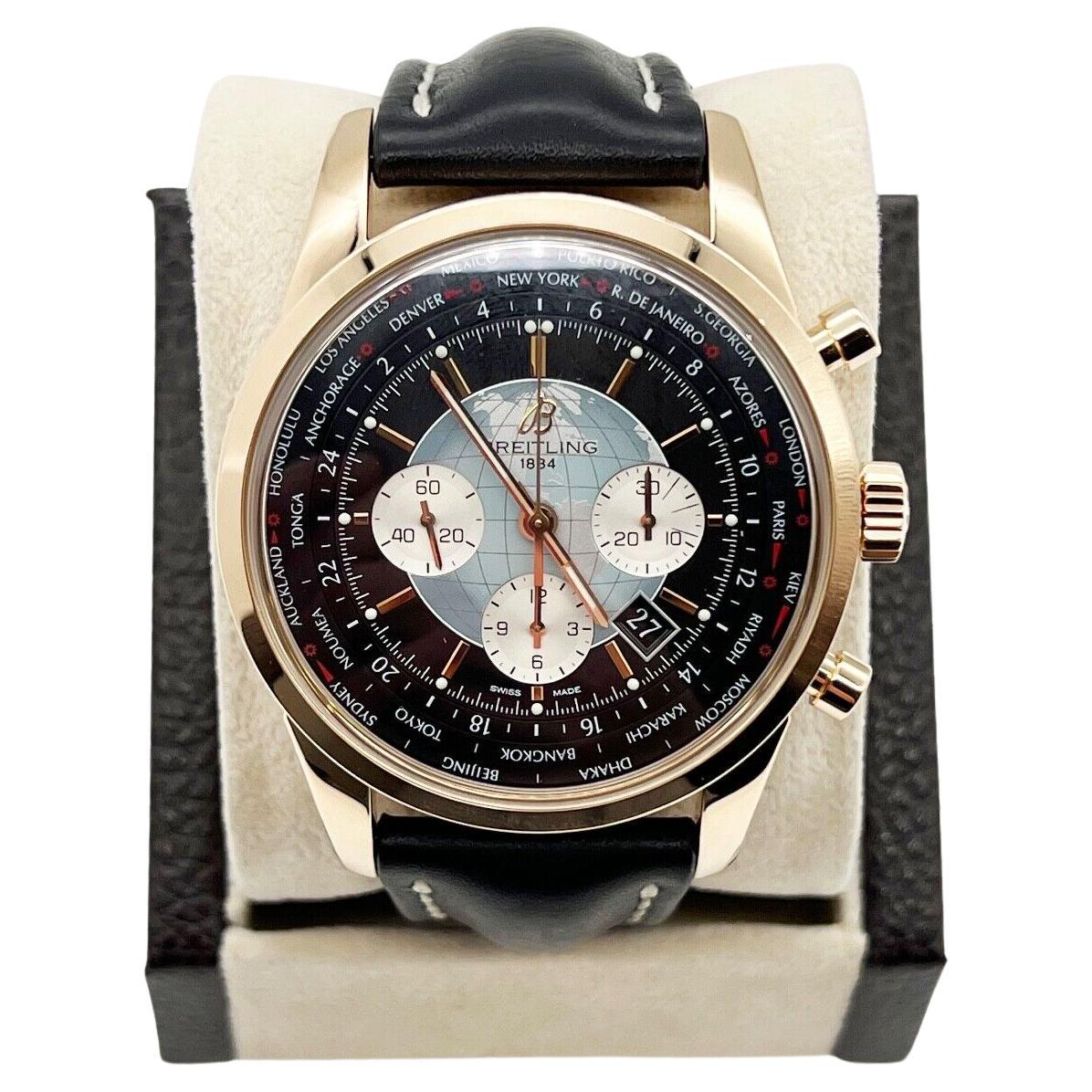 Breitling RB0510 Transocean Unitime 46mm Chronograph 18K Rose Gold Leather Strap For Sale
